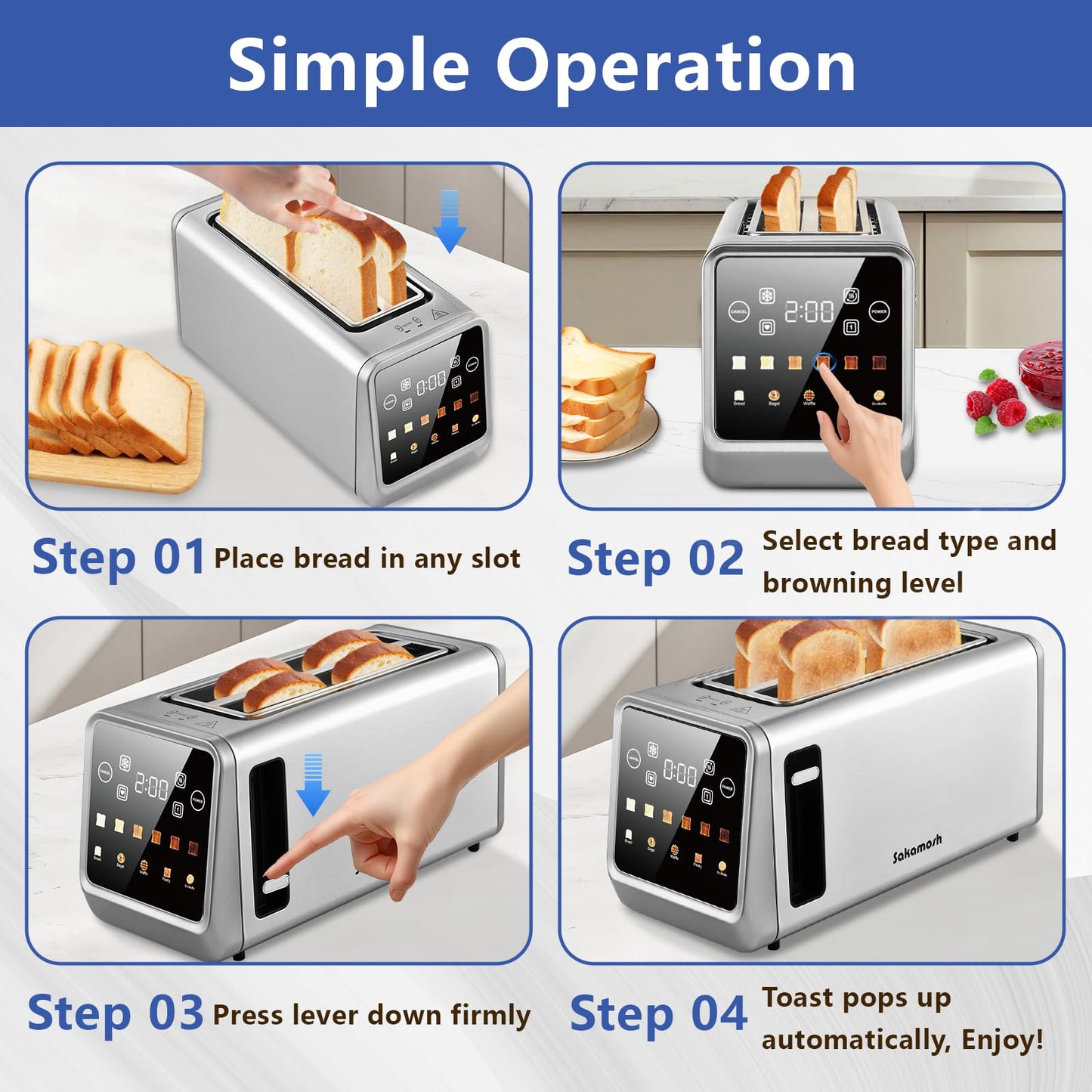 SAKAMOSH Touch Screen Toaster 4 Slice, Smart Digital Toasters with LED Display & Timer, Extra Long Wide Slots for Bagels, 6 Browning Levels & 5 Bread Types, Memory Function, 1400W, Stainless Steel