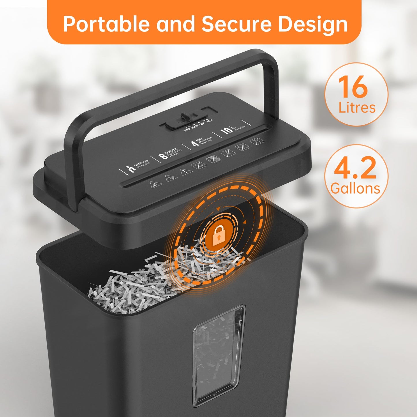 Locksworth 8-Sheet Paper Shredder, 4.23 Gallon Cross Cut Shredder for Home Office, P-4 High Security Shredders for Credit Card Staple Clip, Portable Handle Design