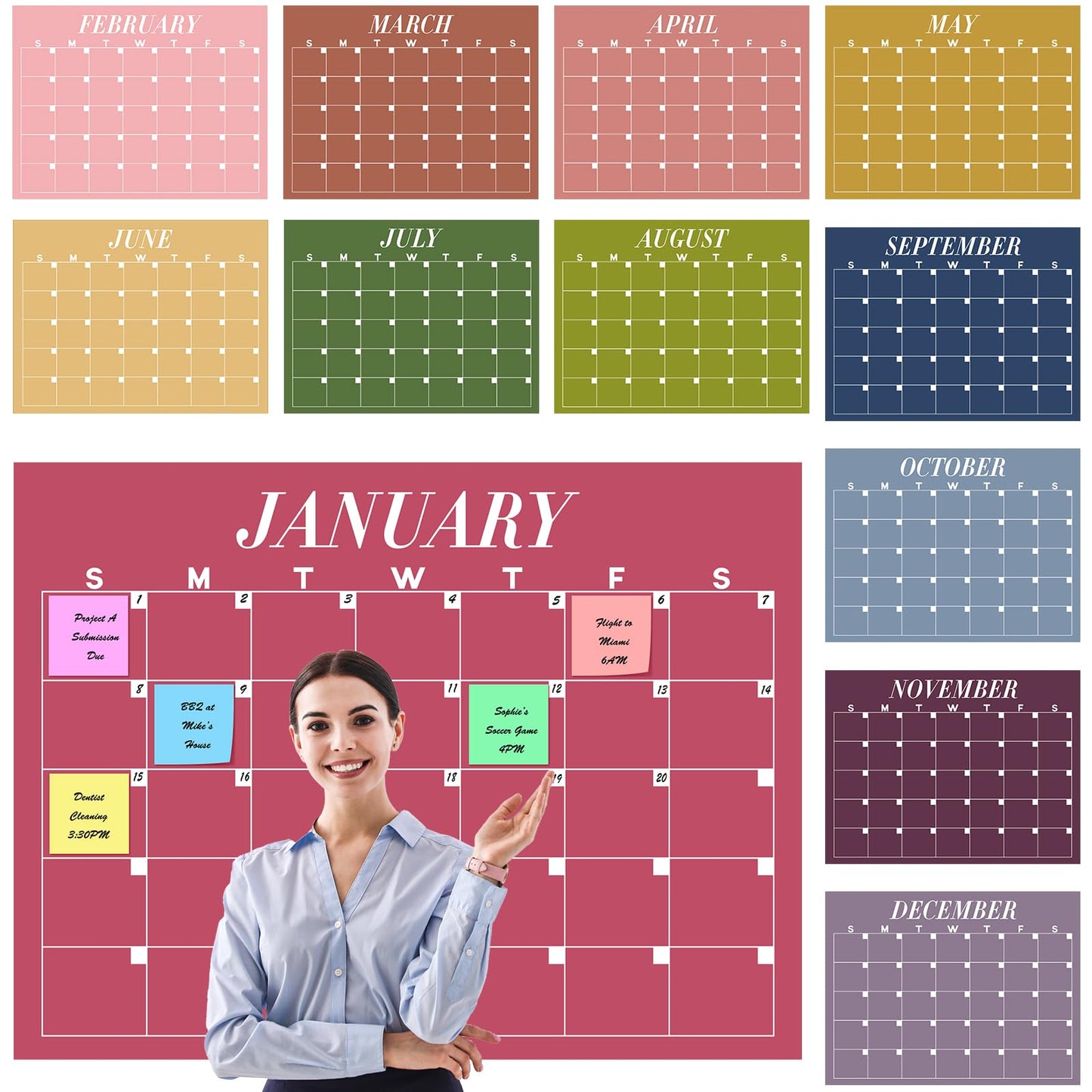 12 Pcs Extra Large Undated Calendar 40‘'x 27.5‘' Large Colorful Wall Calendar 12 Month Big Dry Ease Reusable Planning Yearly Rainbow Planner for Office Home Educational Study Back to First Day