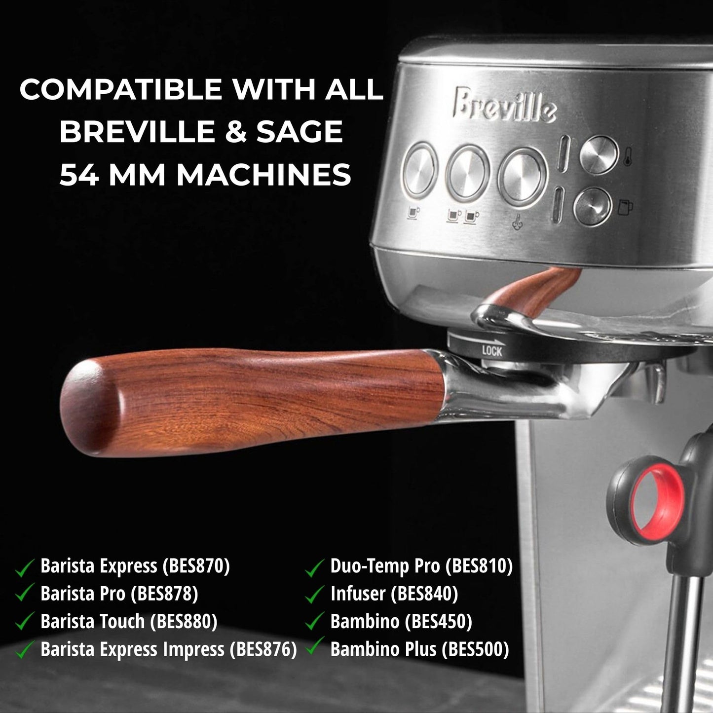 54mm Bottomless Portafilter Flat for Breville/Sage – Fits Barista Express, Pro, Touch, Bambino & Bambino Plus, Infuser – Rosewood Handle – Includes 18–21g Filter Basket & Puck Screen