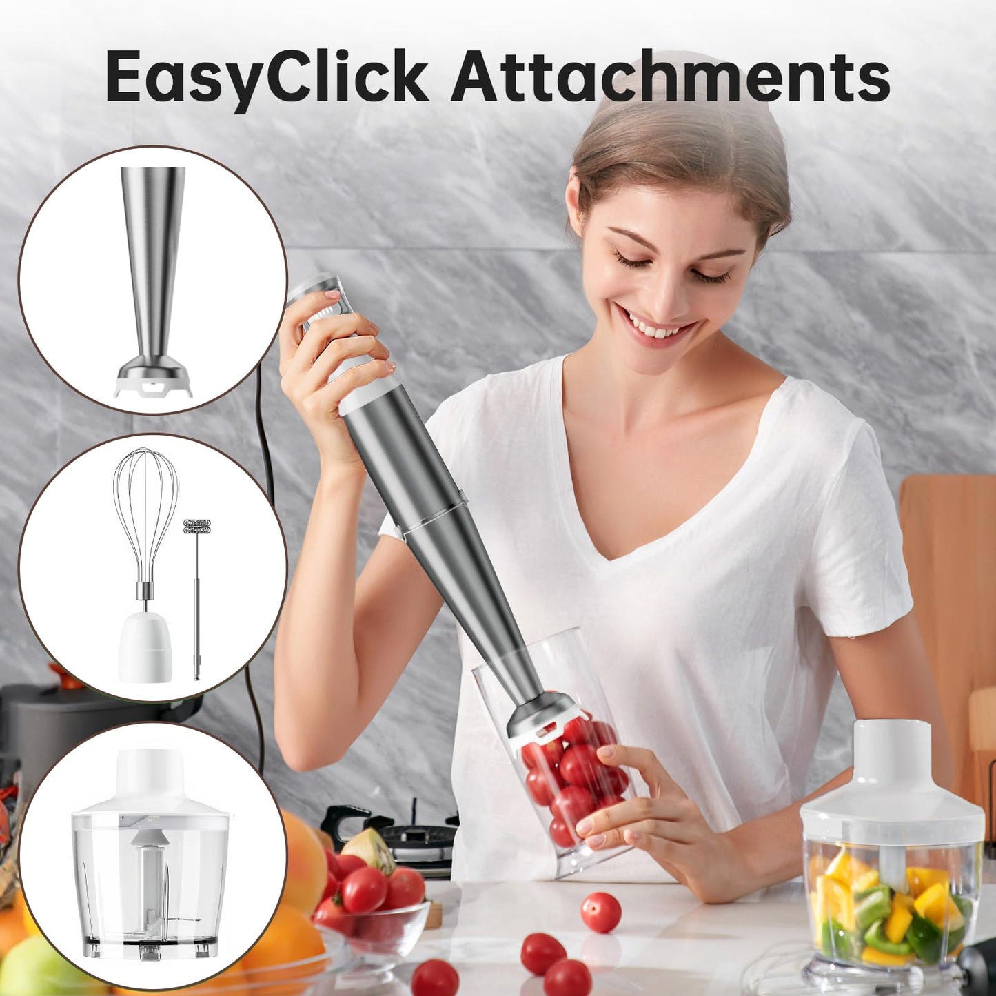 Turelar Immersion Blender Handheld Corded Hand Blenders Set 1100W, Trigger Variable Speed 5 in 1 Stick Emulsifier with Chopper, Whisk and Frother for Soup, Baby Food and Smoothies, White