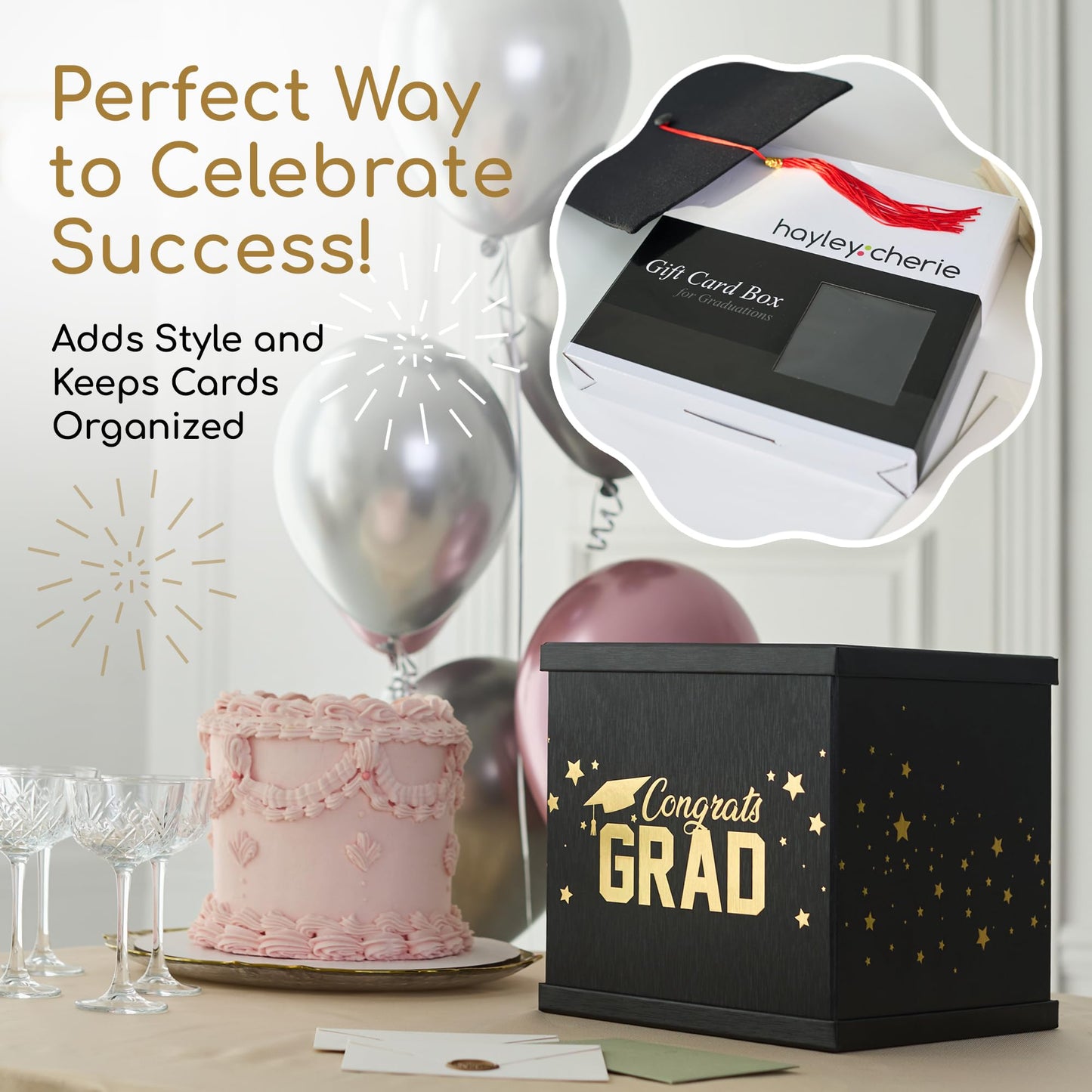Black & Gold Graduation Card Box, Large 10”x10” Black Congrats Grad Gift Card Box Holder, Grad Party Favors, Envelope Money Basket, College Graduation Decorations 2026, Party Decor, Table Centerpiece