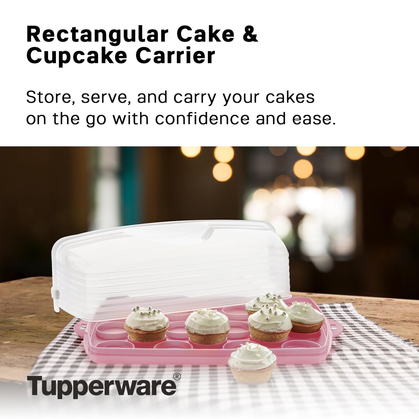 Tupperware, Rectangular Cake and Cupcake Carrier in Pink, Holds 18 Cupcakes