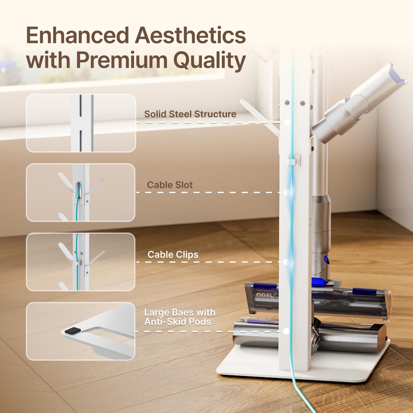 PEGZONE Vacuum Stand Compatible with Dyson G5 V15 V12 V11 V10 V9 V8 V7, S11 A10 A11, NEC180 280TL, Cordless Vacuum Holder with 8 Storage Hooks, Accessories & Attachments Organizer, White