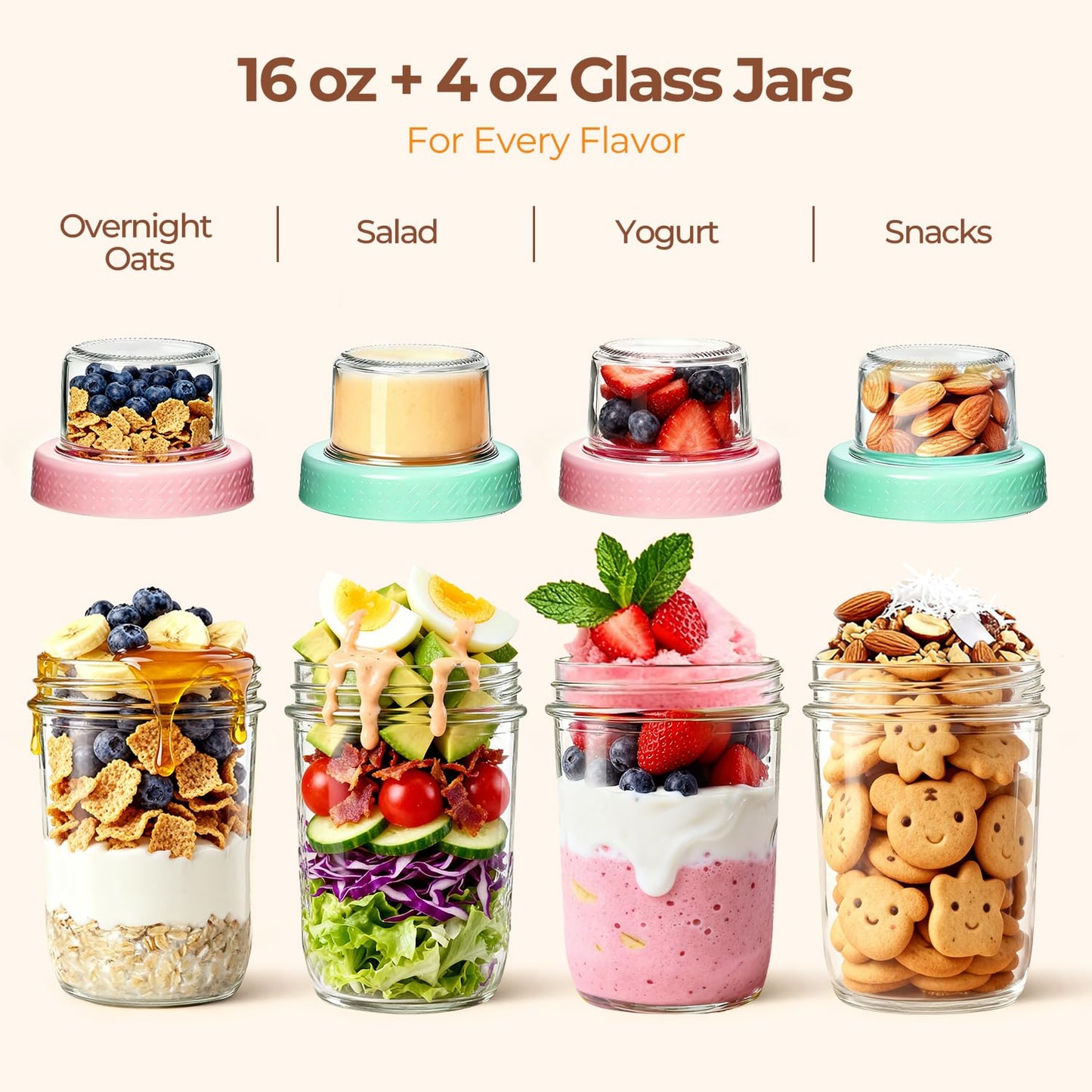 ComSaf Overnight Oats Containers with Lids (16oz+4oz, 4Pcs), Dual-Laryer Chia Pudding Jars with Dry and Wet Separation, Yogurt Parfait Cups for Oatmeal Cereal Nut Fruit, Meal Prep Glass Jars for Salad