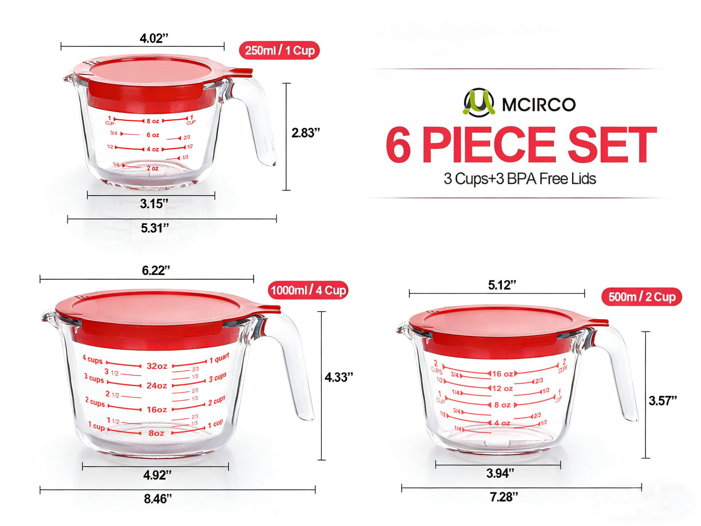M MCIRCO 6 Pcs Glass Measuring Cups with Lids Set, 1-Cup, 2-Cup, 4-Cup Measuring Jugs with Handle, Nesting Liquid Measuring Cups for Kitchen