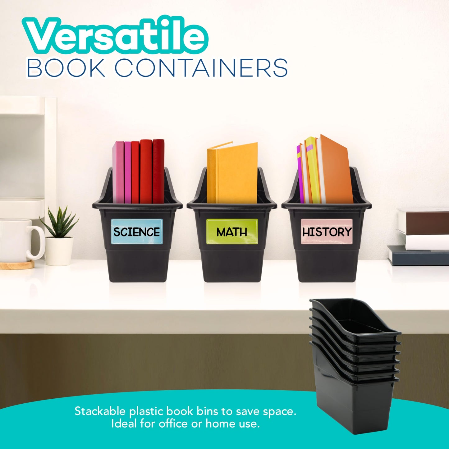 4E's Novelty 6 Durable Book and Binder Holder, Files Book Bins for Classroom, Plastic Vertical Storage Book Organizer Folder Office Classroom Organization Containers Supplies (Black)