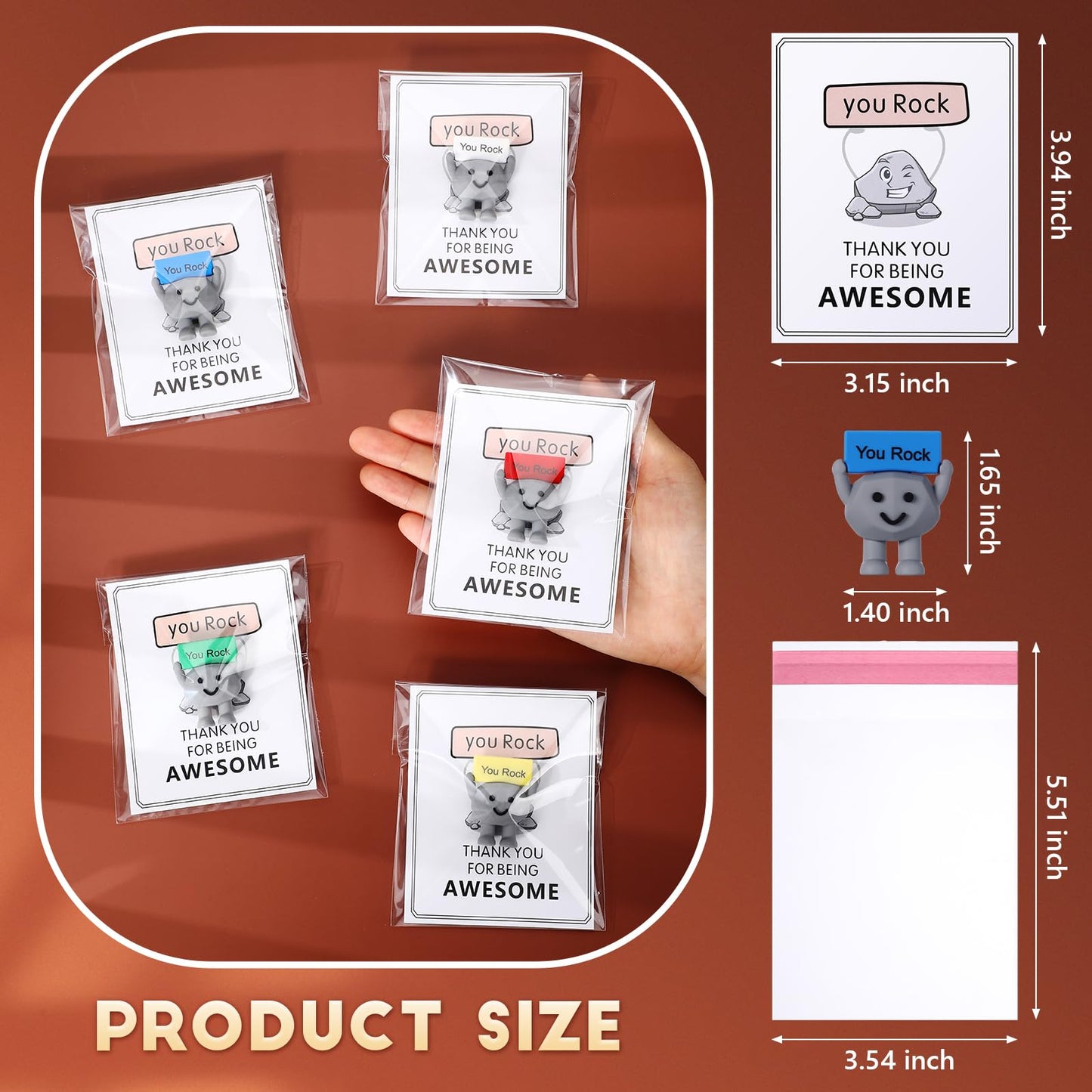 Gejoy 50 Set Mini Rock Figurines Gifts Miniature Positive Party Favors Emotional Support Mini Rubber Toys with Inspirational Card Bag Small Animal Statue for Colleague Staff Coworker Gifts