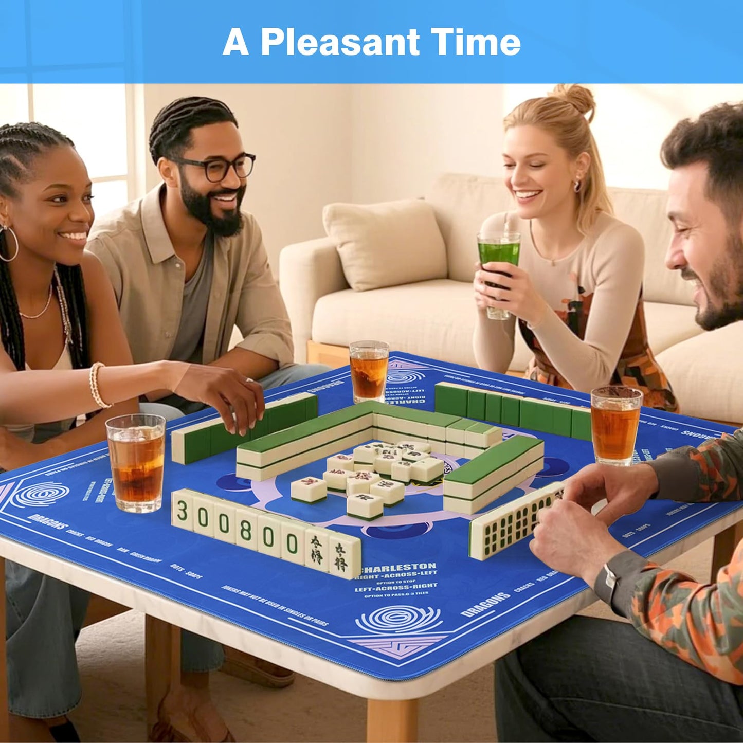 Mahjong Mat (33"x33") Noise Reduction Non-Slip, American Mahjong Mat for Table with 3 Dice & Carrying Bag, Waterproof Surface Mah Jongg Mats for Poker, Card, Dominoes, Board & Tile Games (Blue)