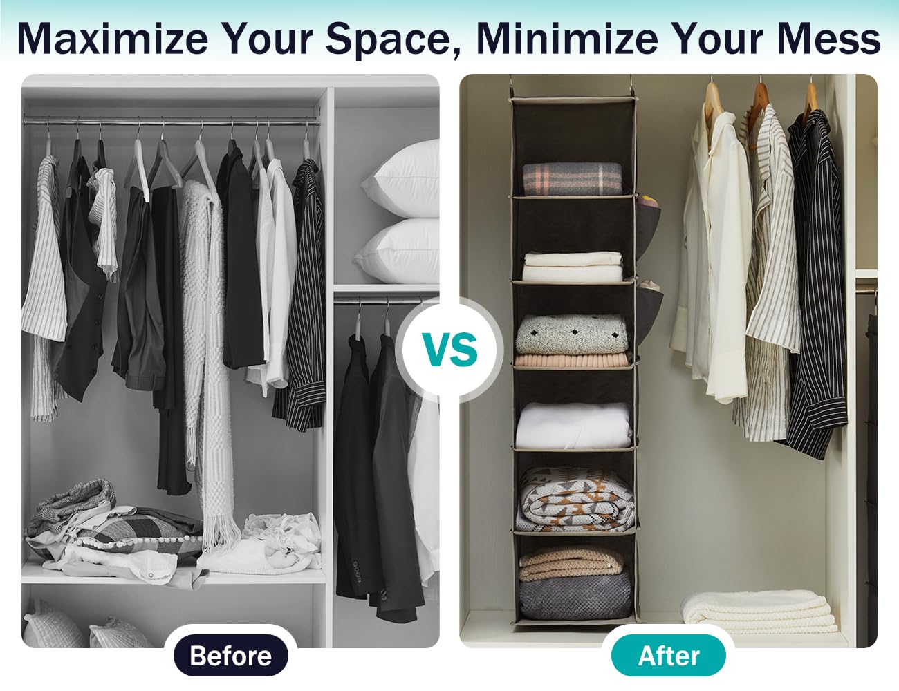 YOUDENOVA Hanging Closet Organizer, 6-Shelf Closet Hanging Storage Shelves, 2 Packs, Grey