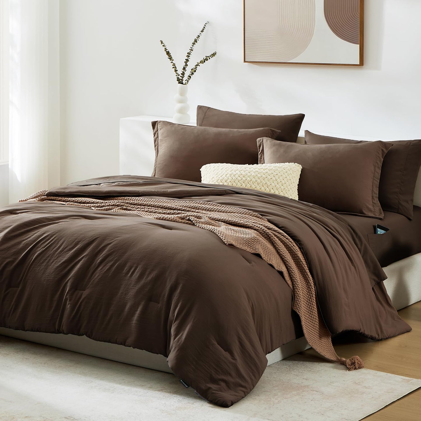 WRENSONGE Queen Comforter Set- 7 Pieces Soft Chocolate Brown Bed in a Bag with Fitted Sheet, Flat Sheet, 2 Pillow Shams, and 2 Pillowcases- Warm Bedding Sets Queen for All Season