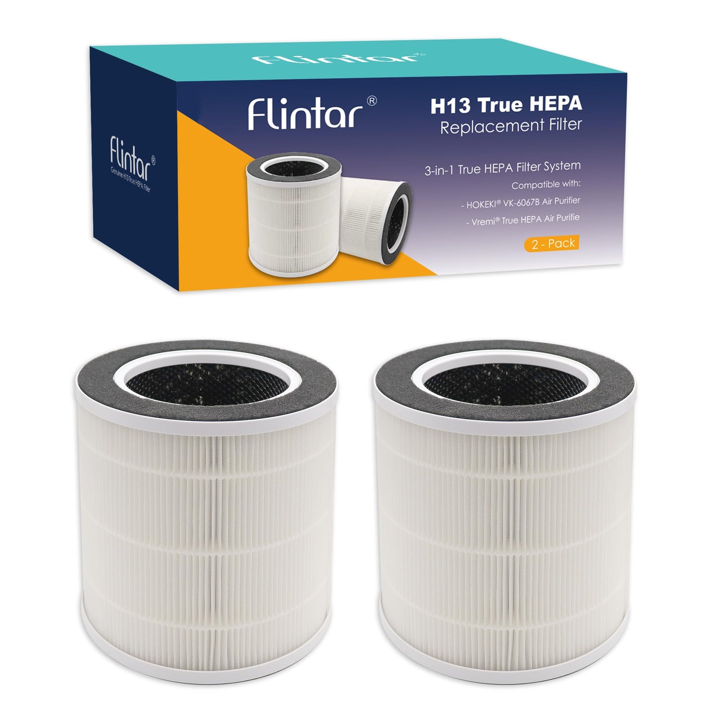 Flintar VK-6067B Replacement Filters, Compatible with Vremi and HOKEKI VK-6067B Air Purifier, 3-in-1 H13 Grade Filtration and Activated Carbon Filter Set (2 - Pack)