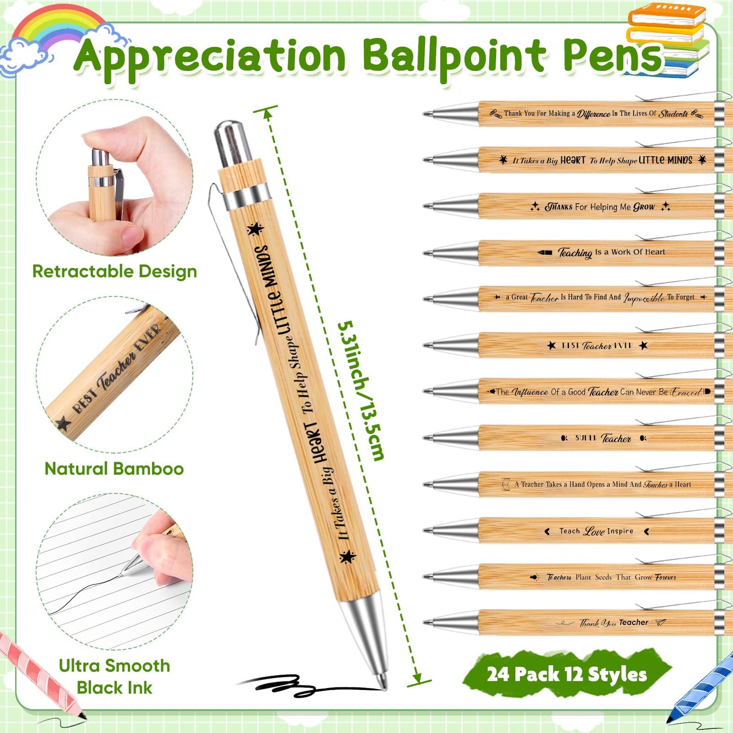 24 Set Teacher Appreciation Gifts Bulk Sticky Notes with Ballpoint Pens and Wooden Pad Holder, Appreciation Sticky Note Organizer Thank You Gifts for Teacher Coworker Nurse Office Supplies