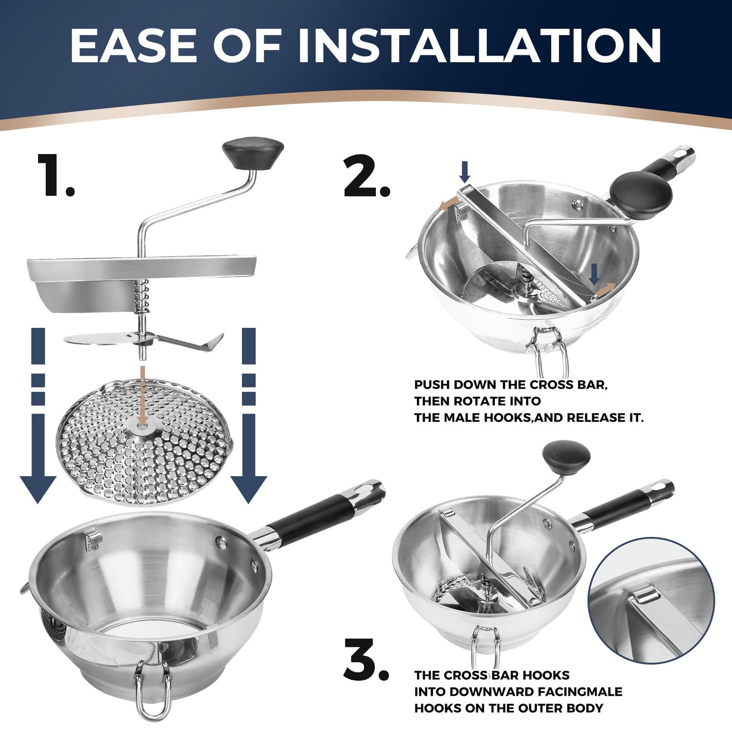 Stainless Steel Food Mills With 3 Milling Discs,Ergonomic design Of Rotary Food Mills For Tomato Sauce,Potatoes,Jams with Silicone Handle Dishwasher Safe, Multifunctional Spoon,Orange