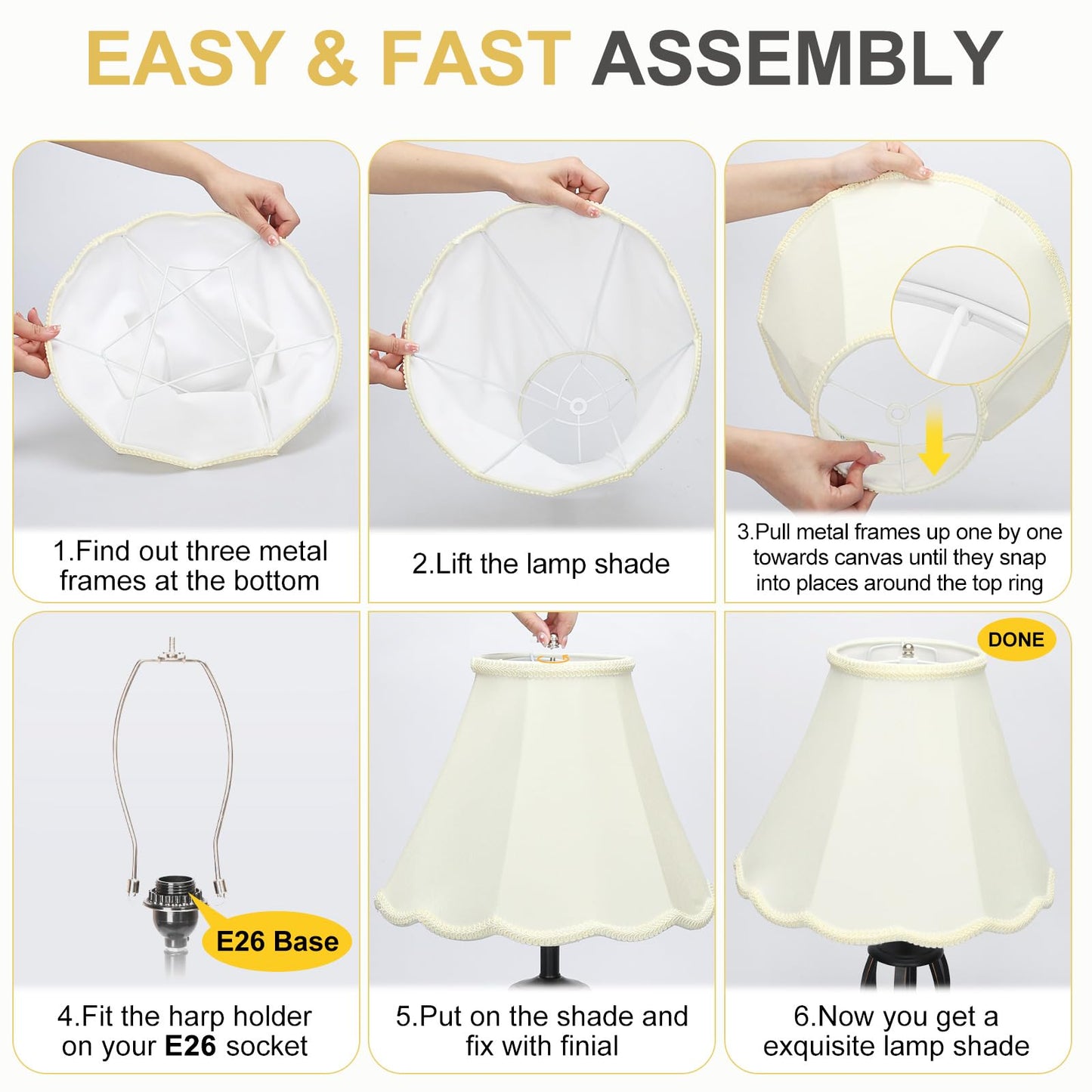 Medium Lamp Shades Set of 2, Cream Lamp Shade for Floor Lamps Table Lamps, 6.1"Top x 13"Bottom x 9.6"High, Scalloped Lamp Shade with Petal Edge Braid, Spider, Harp Holders Included, Assembly Required