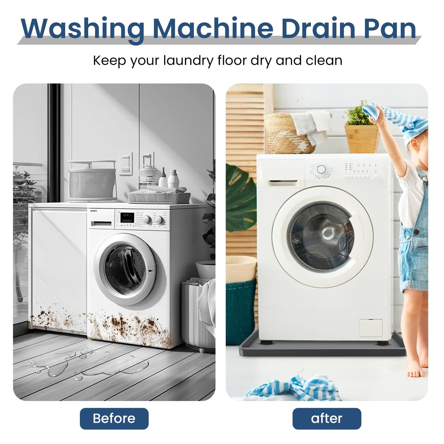 XHIKOWAT 33 X 30 inch Large Thickened Silicone Washing Machine Drain Pan with 1-1/5" Raised Edge, Leak Protection Anti-Vibration Non-Slip Washing Machine Tray for Washer Dryer Other Appliances