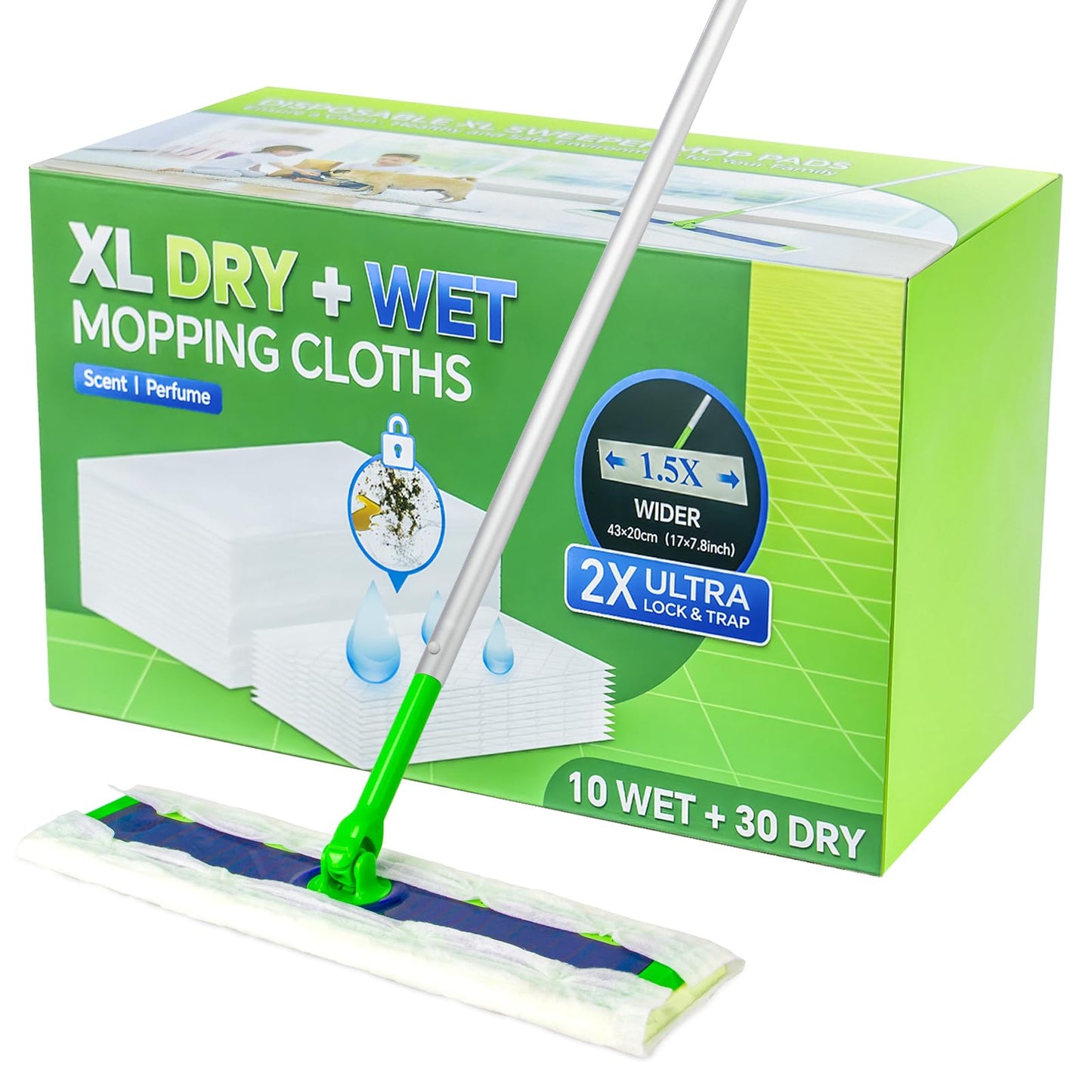 40 Count XL Dry+Wet Mop Pad Refills for Swiffer Sweeper XL Mop - Disposable X-Large Pads Kit Includes 30 Dry Sweeping Cloths & 10 Wet Mopping Pads for Floor Cleaning.（Only Pads, not Including mop）