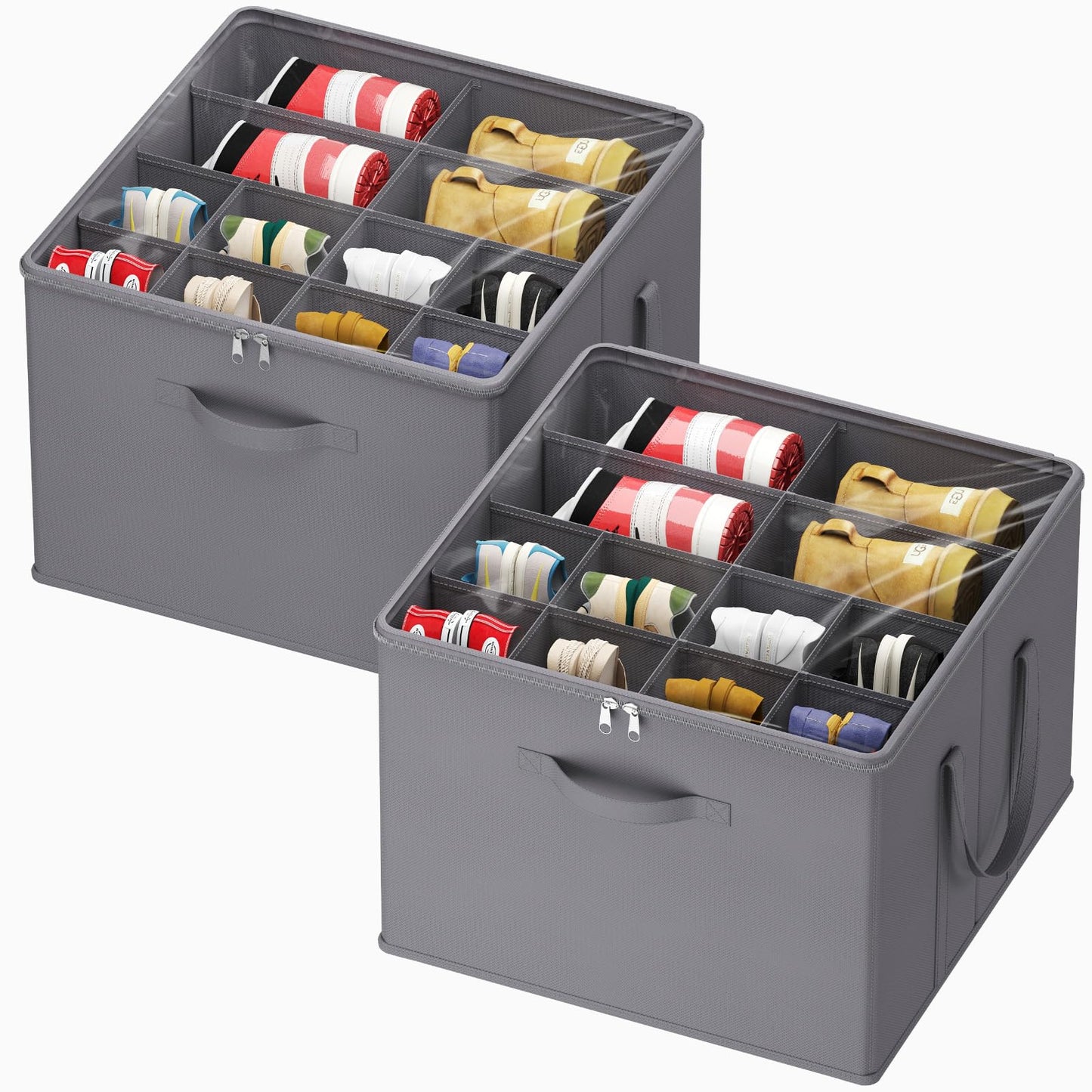 Lifewit Shoe Storage Organizer for Closet, Fabric Large Shoe Box Storage Containers with Clear Cover, Foldable Bins for Boots Heels Sneakers Fits 24-32 Pairs (Each 12-16 Pairs) 2 Pack Gray