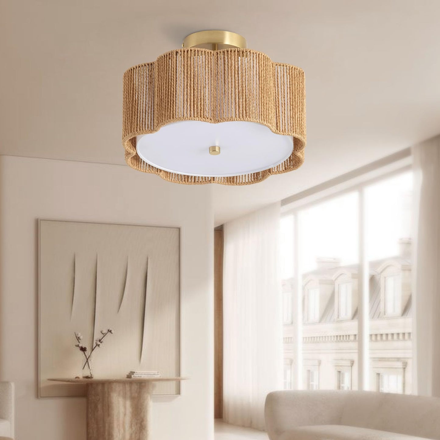 Giutna Rattan Ceiling Light Fixtures Flush Mount,3-Light Boho Light Fixtures Ceiling Mount for Bedroom,Close to Ceiling Light Modern Rattan Chandelier Lighting for Hallway Kitchen Dining Room(Yellow)