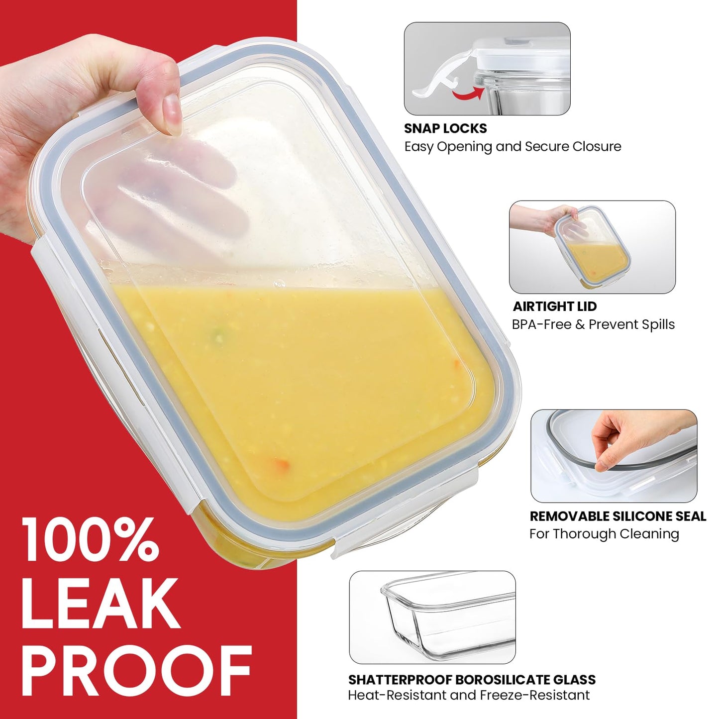 Snuvid 4 Pack 8 Cups/ 63oz Large Glass Storage Containers with Lids, Meal Prep Containers, Glass Food Storage with Airtight Lid for Baking, Leak Proof & Microwave, Oven Safe (4 Containers + 4 Lids)