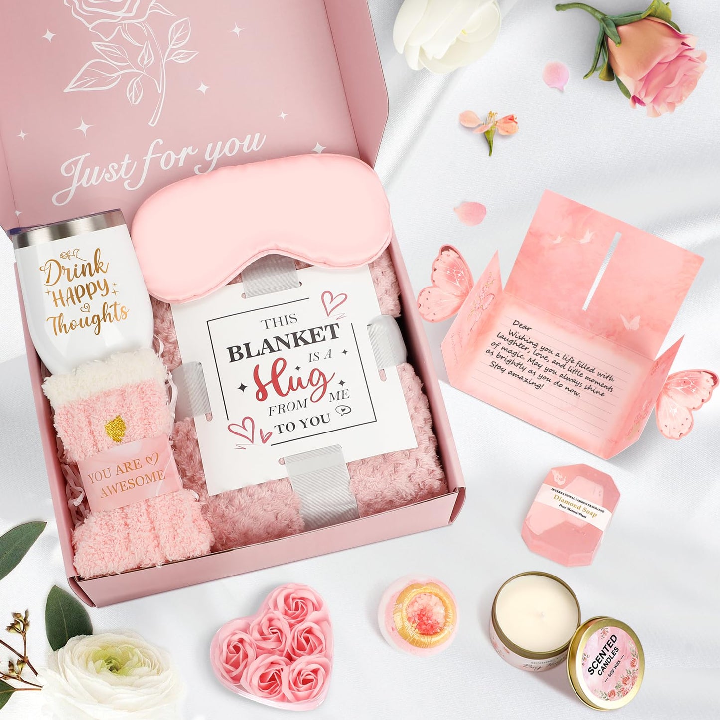 Birthday Gifts for Women Graduation Gifts for Her, Unique Self Care Package Get Well Soon Basket Rose Relaxing Spa Kit with Flannel Blanket Tumbler, Happy Christmas Box for Friend Mom Sister Wife