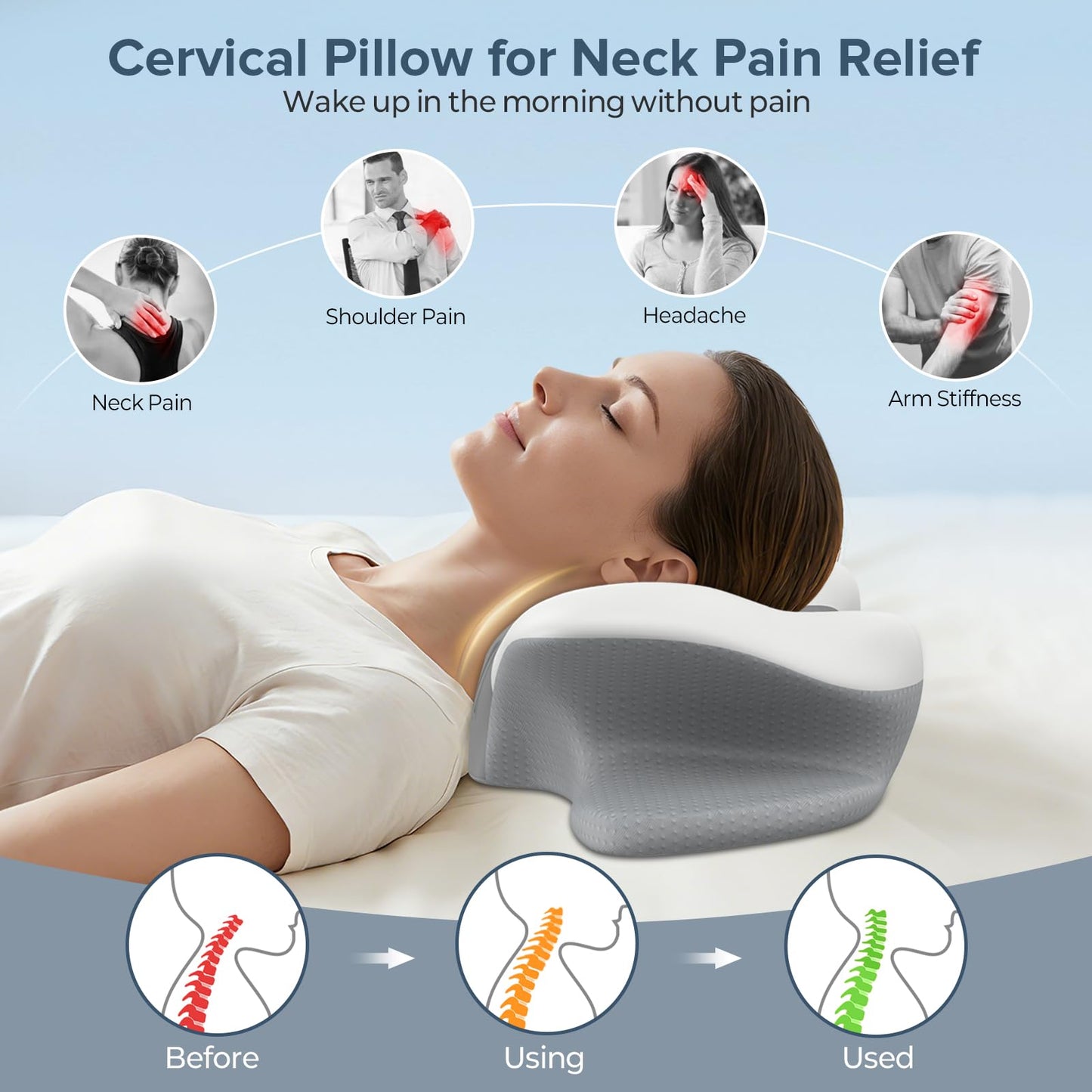 beslovo Cervical Neck Pillow for Pain Relief, Ergonomic Side Sleeper Pillow for Sleeping, Orthopedic Neck Support Contour Memory Foam Pillow for Side Back Stomach Sleepers, Ideal for Office Travel
