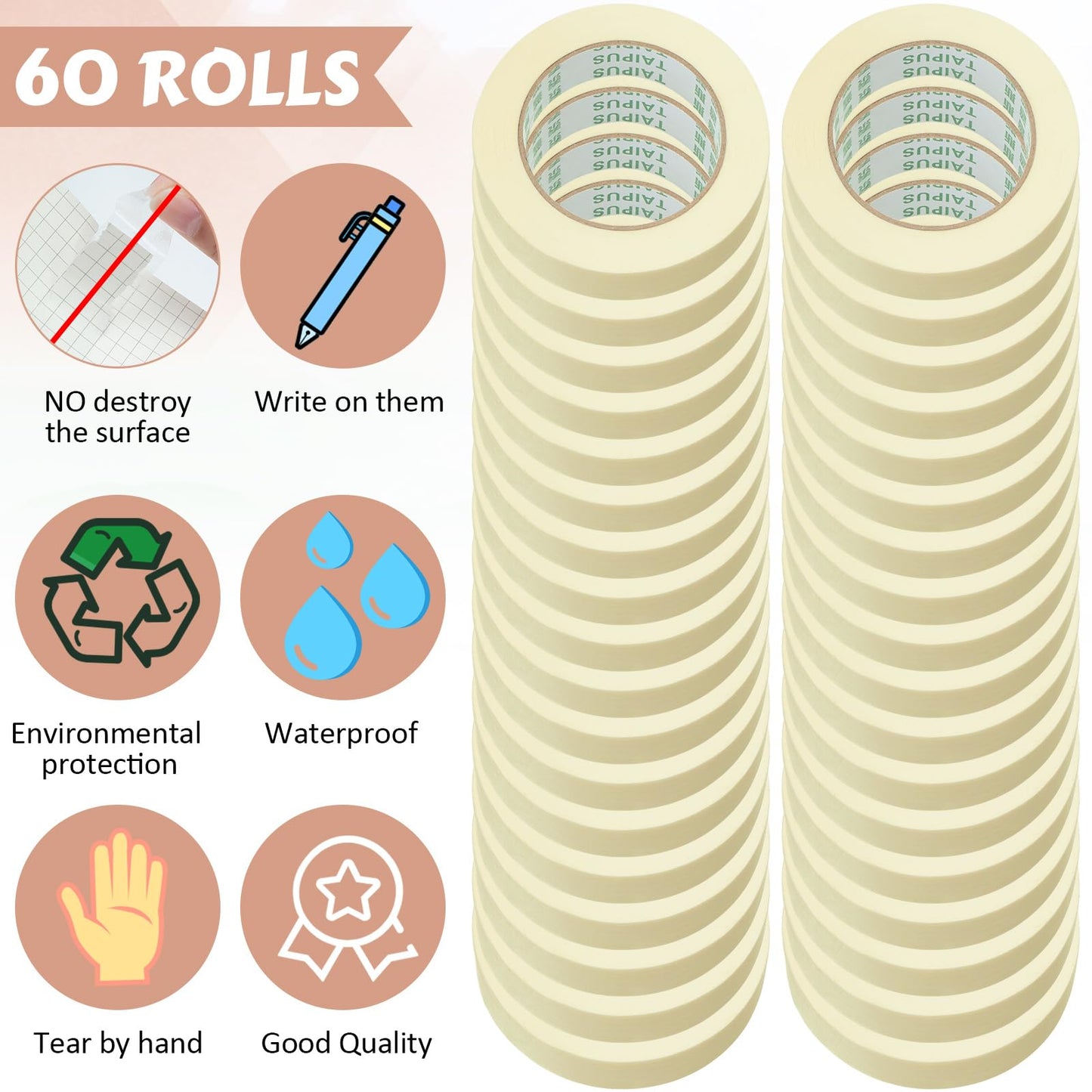Fainne 60 Rolls Masking Tape Bulk 55 Yards General Purpose Tape for Classroom, Labeling, Crafts, Office, School Projects, Easy Tear & Clean Removal, Beige White (0.8 Inch)