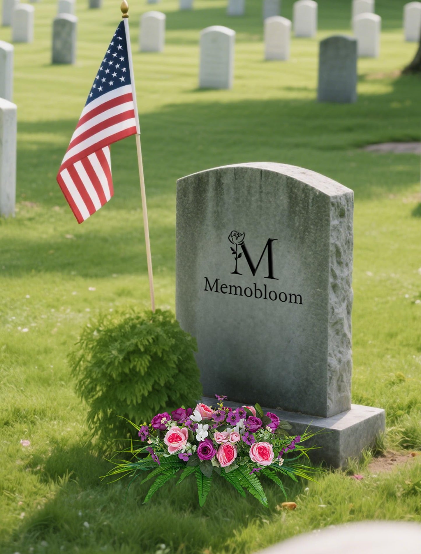 Memobloom Artificial Cemetery Flowers with Stake: 1Pc Purple Roses Pink Peonies Realistic Memorial Day Grave Flowers for Cemetery - Outdoor Grave Decorations Funeral Arrangements