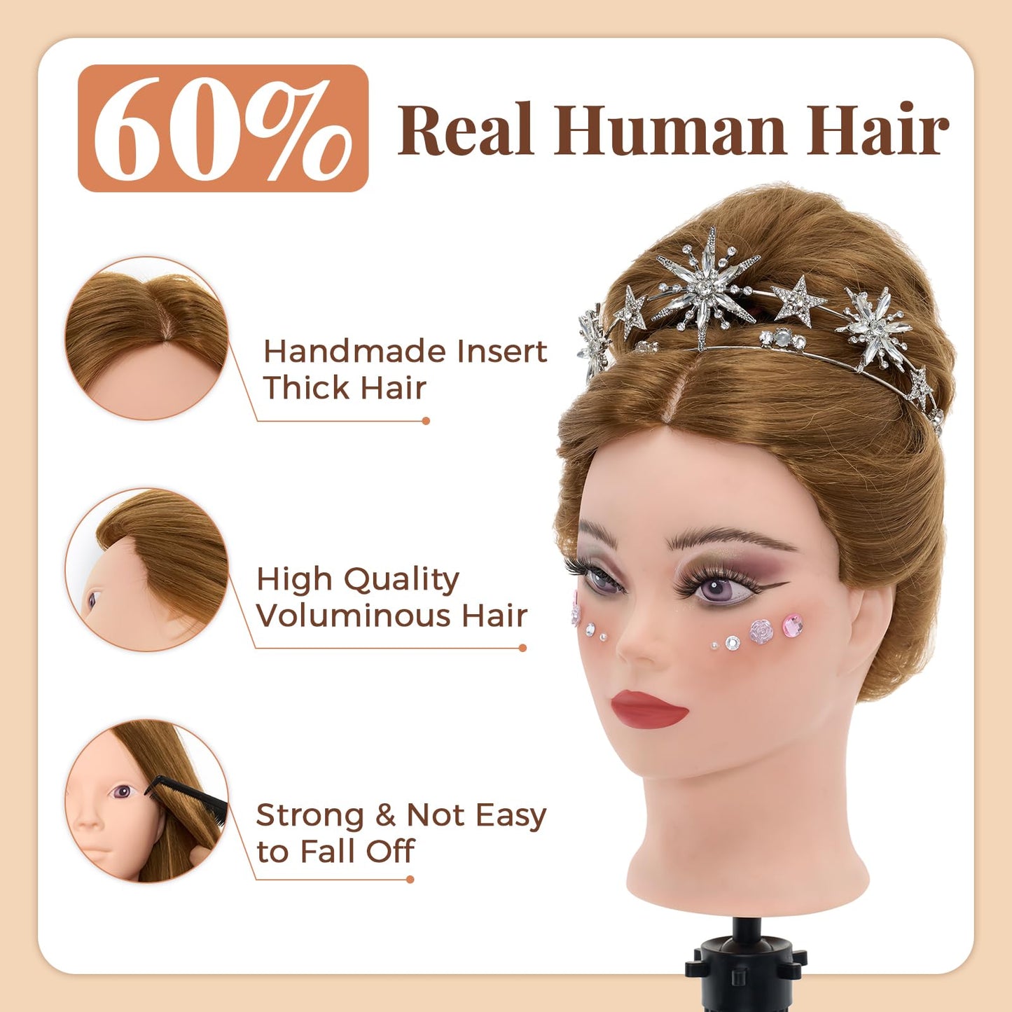 Mannequin Head with 60% Real Human Hair, 28 Inch Make up Cosmetology Manikin Practice Head with Hair,Braiding Hairdressing Doll Head for Hair Styling with Table Clamp + DIY Hair Styling Set