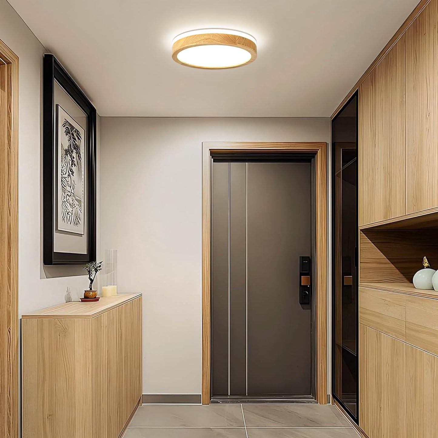 Pevfah Modern Dimmable Wood Flush Mount Ceiling Light, 2700K-6000K 5CCT Round Close to Ceiling Lighting Fixtures, Minimalist LED Ceiling Lamp for Bedroom, Kitchen, Hallway, Laundry Room-11.81in