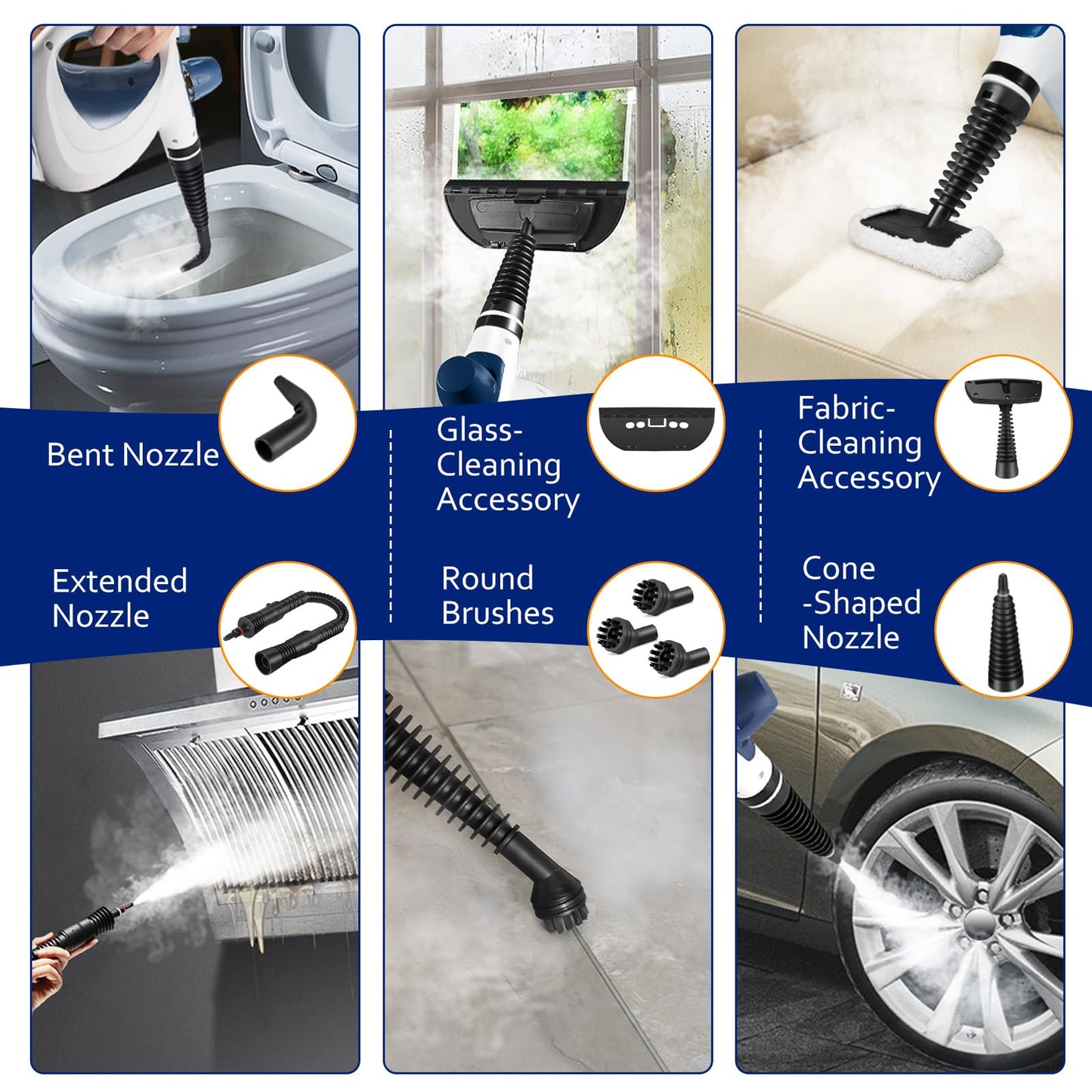 Pressurized Handheld Multi-Surface Natural Steam Cleaner with 12 pcs Accessories, Multi-Purpose Steamer for Home Use, Steamer for Cleaning Floor, Upholstery, Grout and Car (White&Blue)