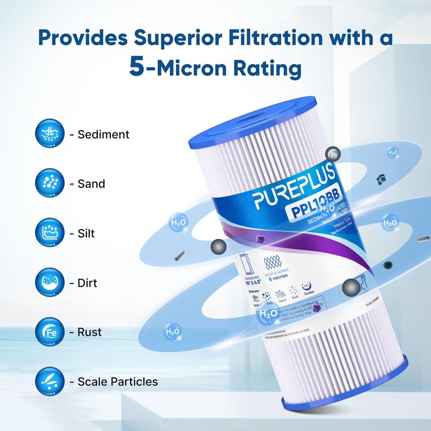 PUREPLUS 20 Micron 10" x 4.5" Whole House Pleated Sediment Filter for Well Water, Replacement Cartridge for GE FXHSC, Culligan R50-BBSA, Pentek R50-BB, DuPont WFHDC3001, W50PEHD, GXWH40L,4Pack