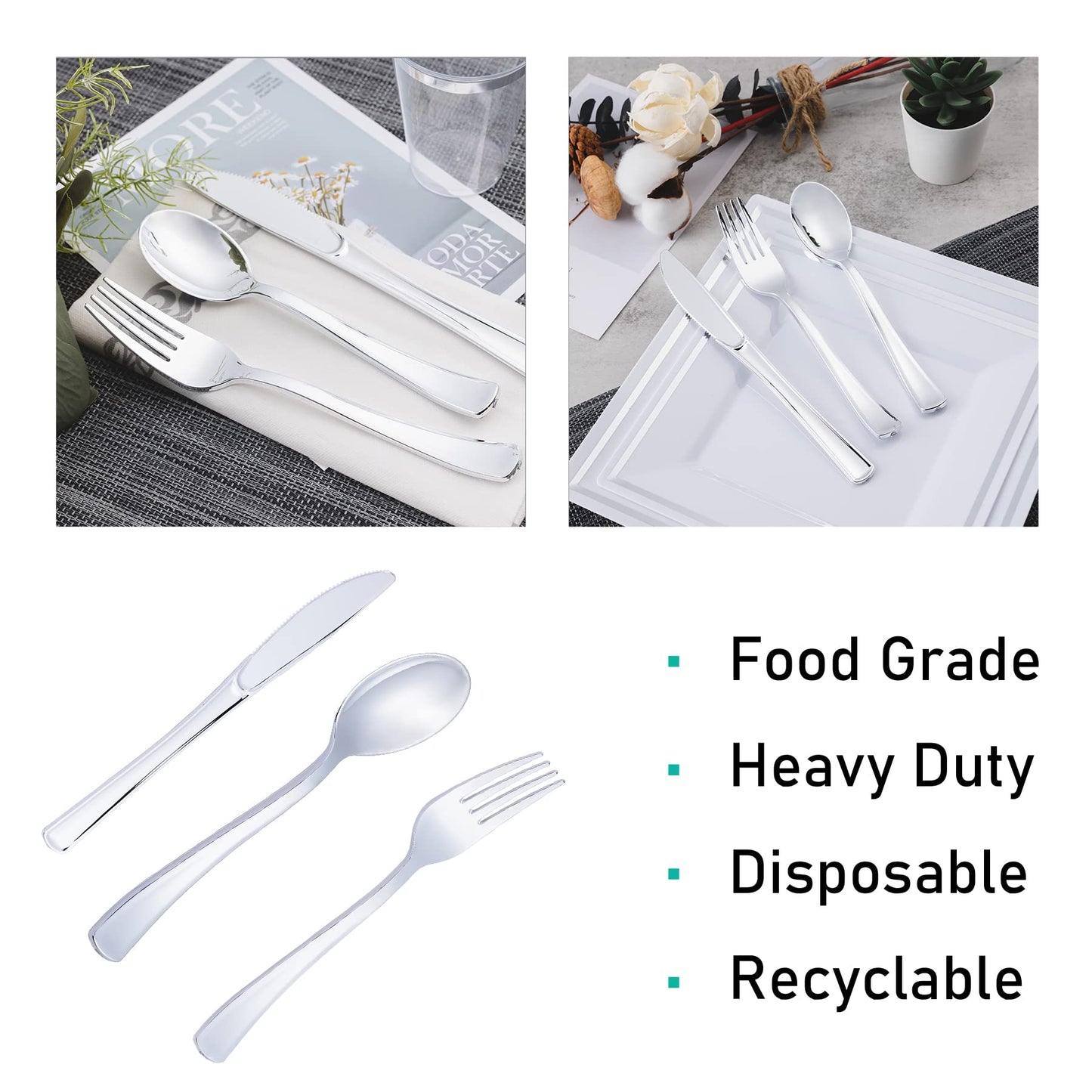 N9R 300PCS Silver Plastic Silverware Set, 100 Forks, 100 Spoons, 100 Knives, Heavy Duty Disposable Cutlery for Parties, Fancy Disposable Flatware for Weddings, and Daily Use