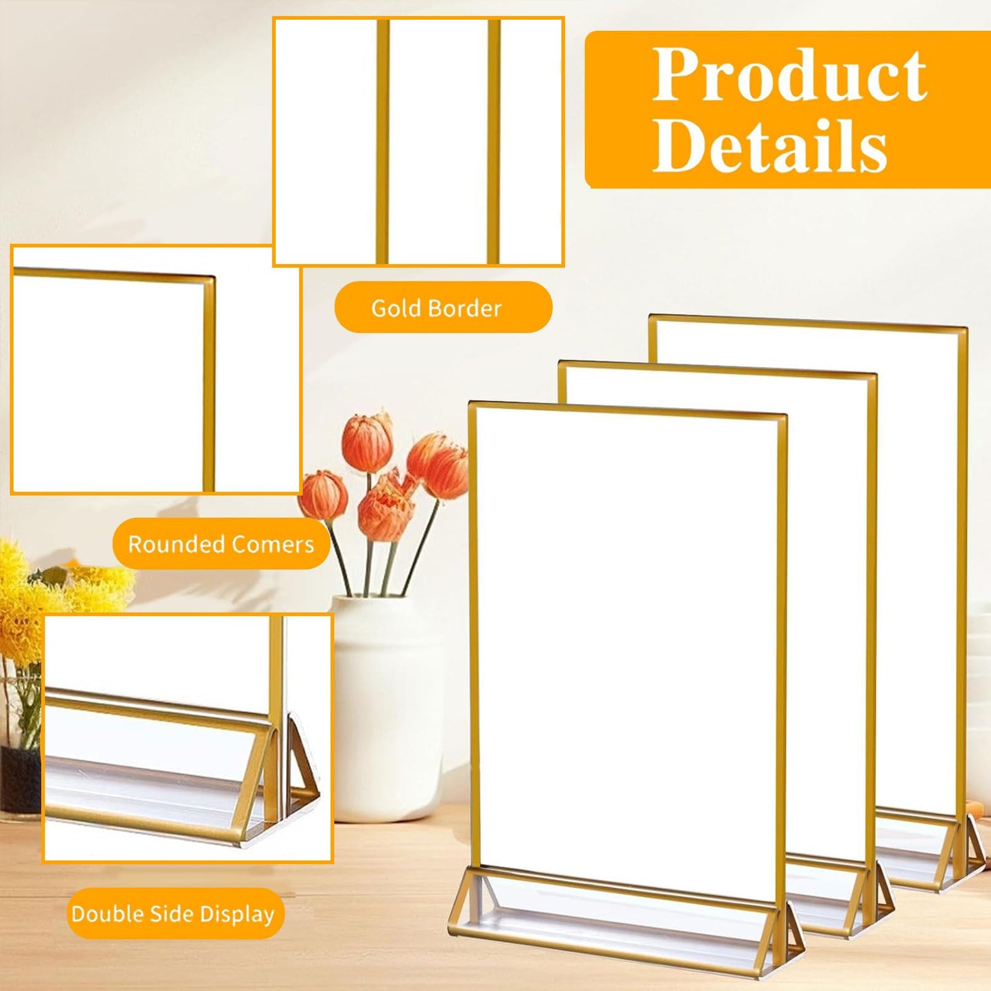 PIEMEET 18 Pack Acrylic Sign Holder with Golden Border, 4 X 6 Clear Sign Holders, Double Sided Gold Picture Frame, Gold Flyer Holder Vertical Stand, Table Menu Stands for Wedding Tables Sign Display