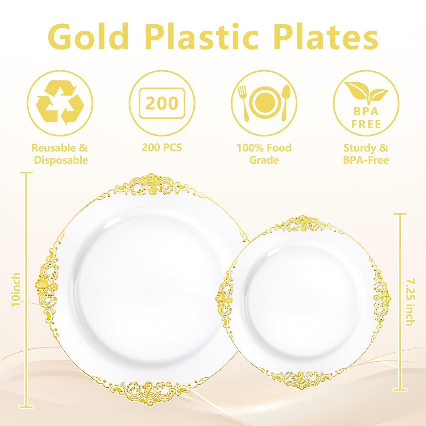 Joyido 200PCS White and Gold Plastic Plates - Gold Disposable Plates - Gorgeous Wedding Plate 10inch Dinner & 7.25inch Dessert Plate for 100 Guests for Wedding & Party