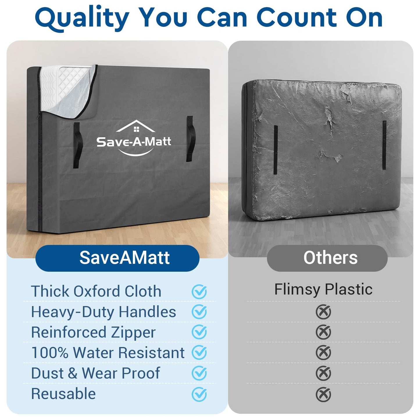 SaveAMatt Mattress Bags for Moving and Storage, Mattress Protector Cover with 4 Heavy-Duty Handles & Strong Zipper, Extra Thick Reusable Mattress Moving Supplies, Queen Size, Gray