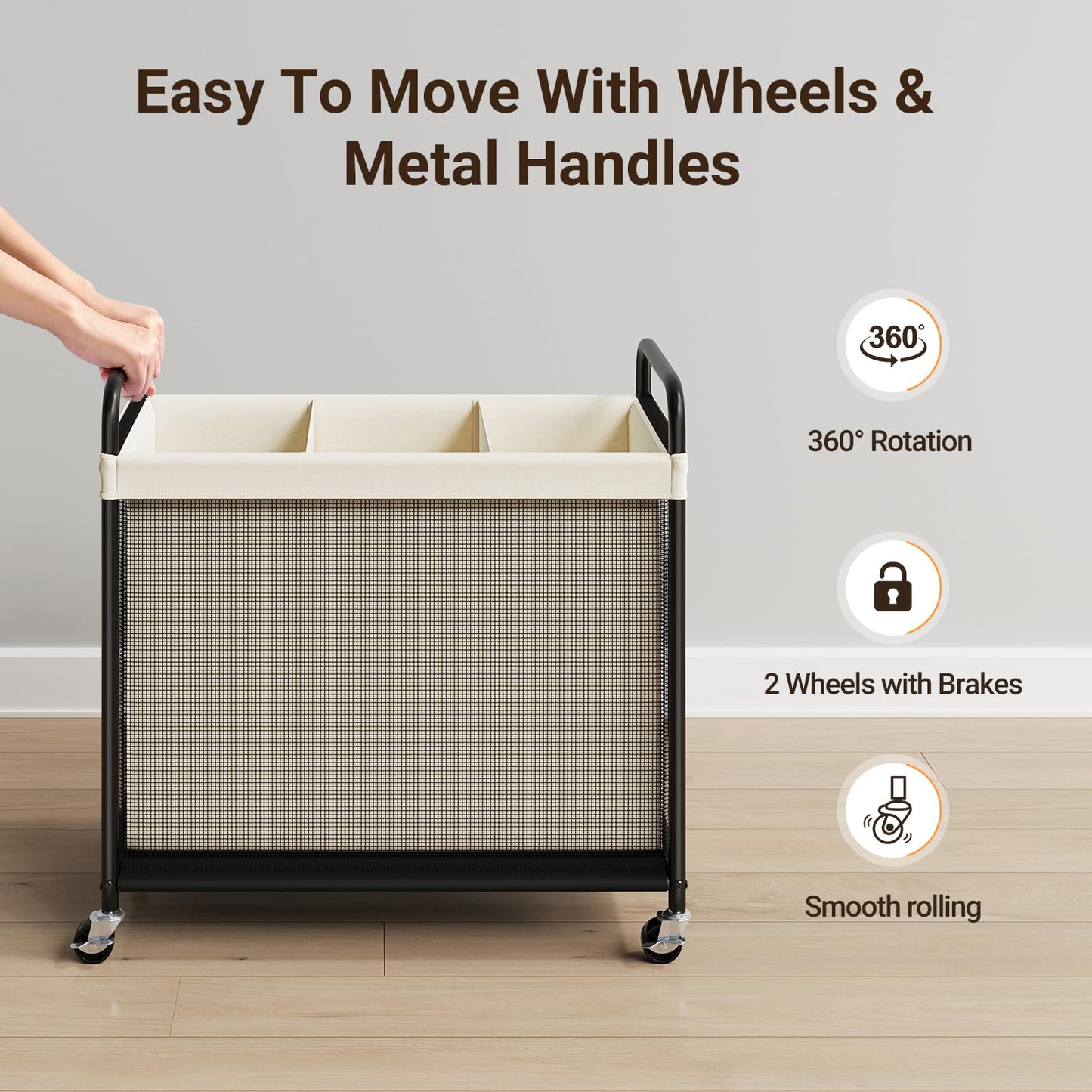 ELYKEN Laundry Hamper 3 Section, 120L Rolling Laundry Sorter with Removable Liner Bag, Laundry Basket with Wheels, Steel Frame with Metal Handle, Clothes Hamper Cart for Laundry Room & Bedroom