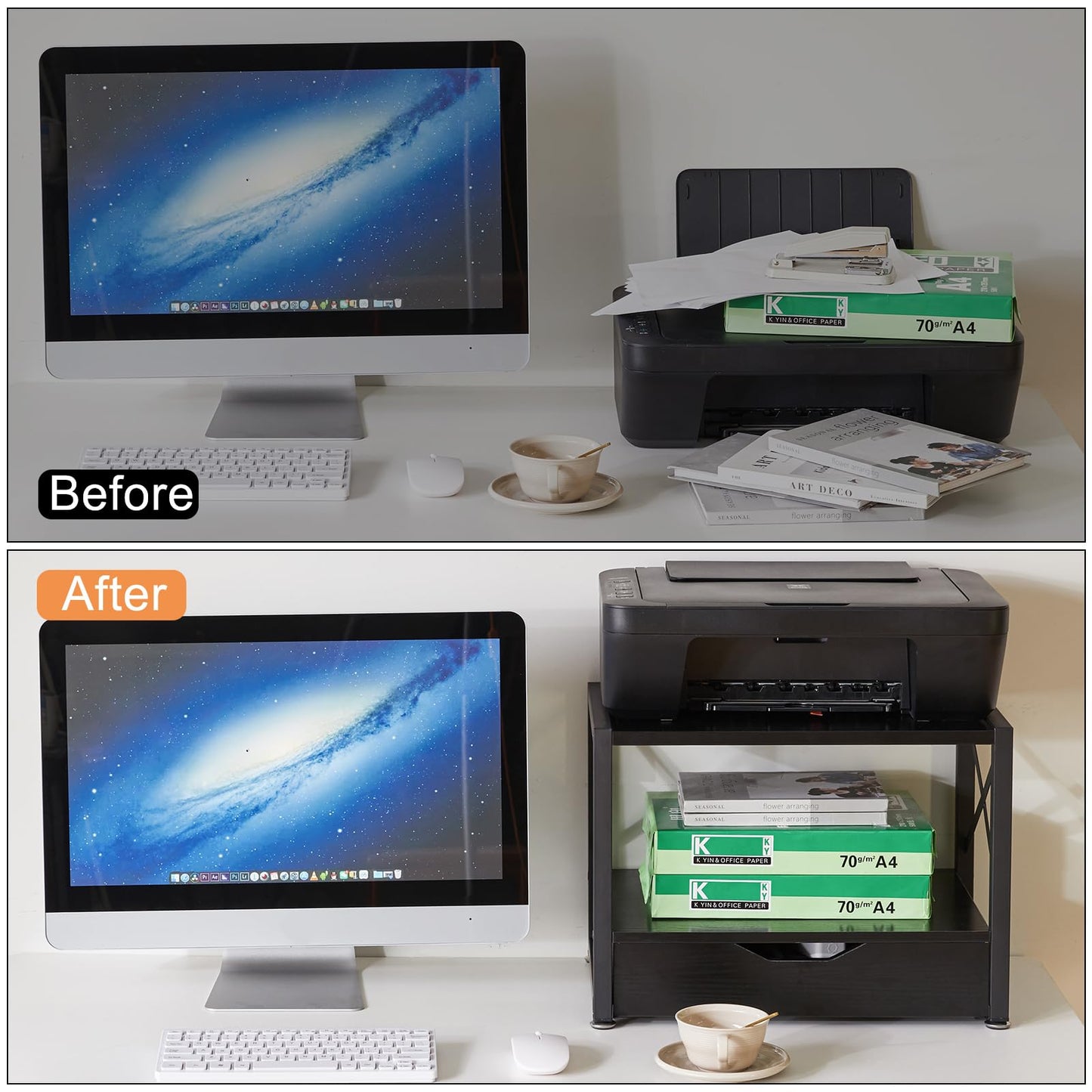 IBUYKE 2 Tier Desktop Printer Stand,Multi-Purpose Desk Organizer,Wooden Printer Stand with Drawer Storage for Folders,Books,for Fax Machine, Scanner,Home Office,Black TLJ006B