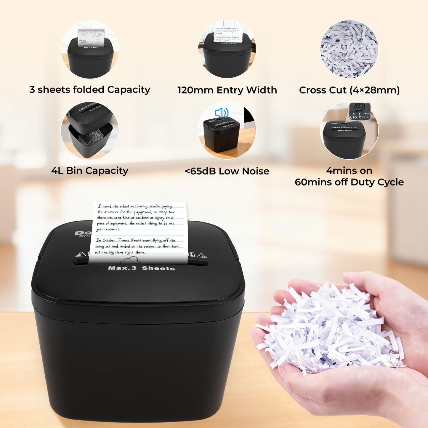 Dovio OVO-408S Cross Cut Mini Paper Shredder, Auto Start/Stop, 3-Sheet Capacity, Quiet <65dB for Home Office, with 4L Bin & Motor Reverse