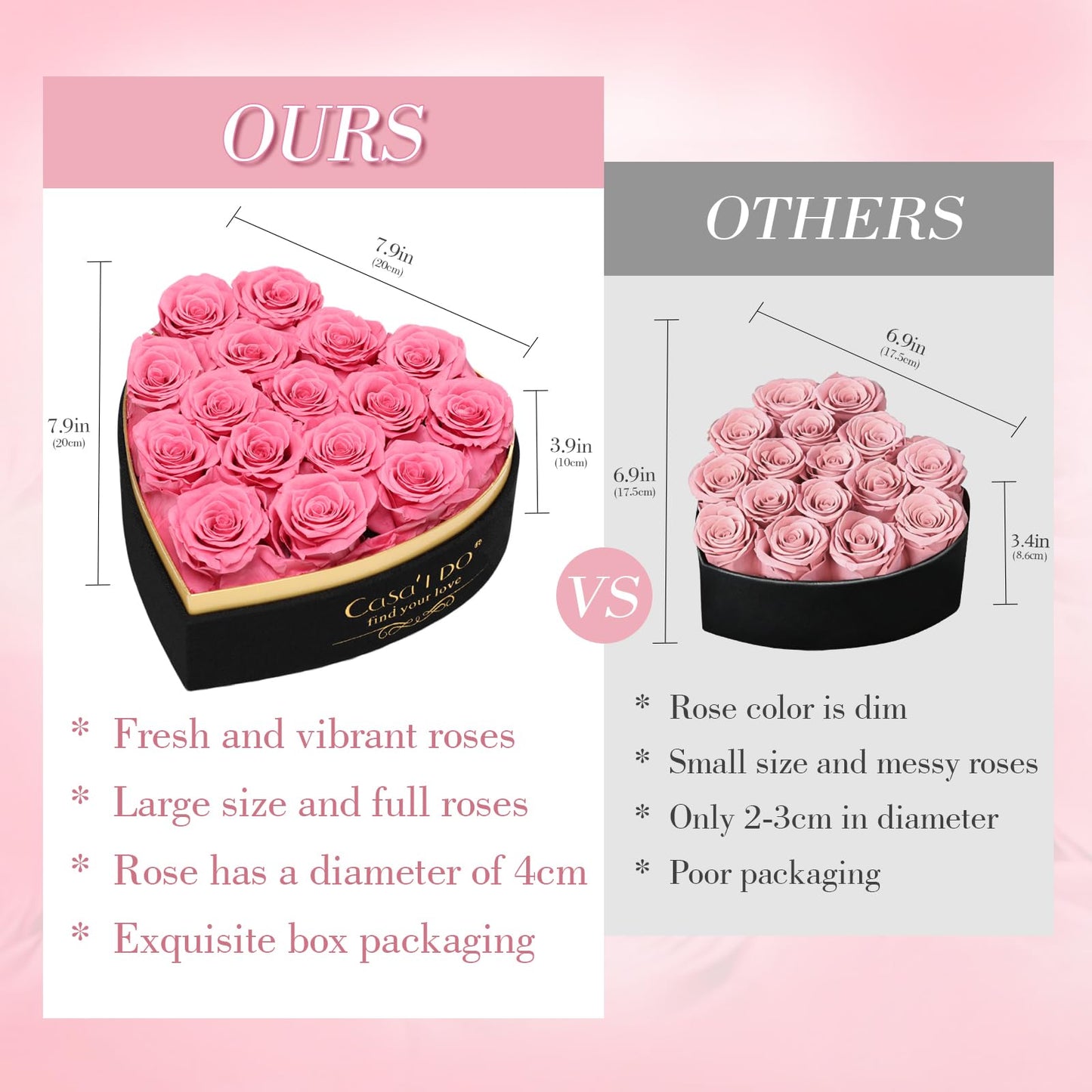 Casaido Preserved Roses Flowers for Delivery 16 Pcs, Mothers Day Rose Gifts for Her, Forever Flores in Heart Box with Necklace, Anniversary Birthday Christmas Vanlentines Gift for Wife Mom, Pink