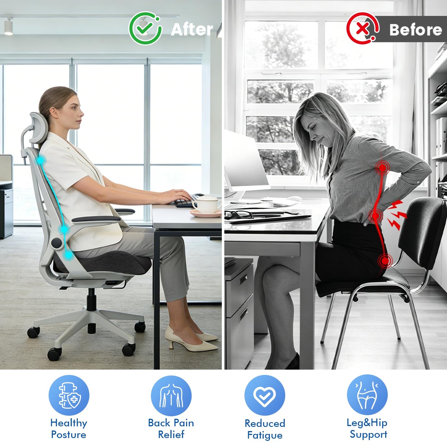 Bangkee 18x16 Inch Memory Foam Seat Cushion for Office Chair, Car & Travel, Ergonomic Chair Cushions for Long Sitting, Thick Supportive Seat Pad with Non-Slip Bottom, Washable Cover, Black