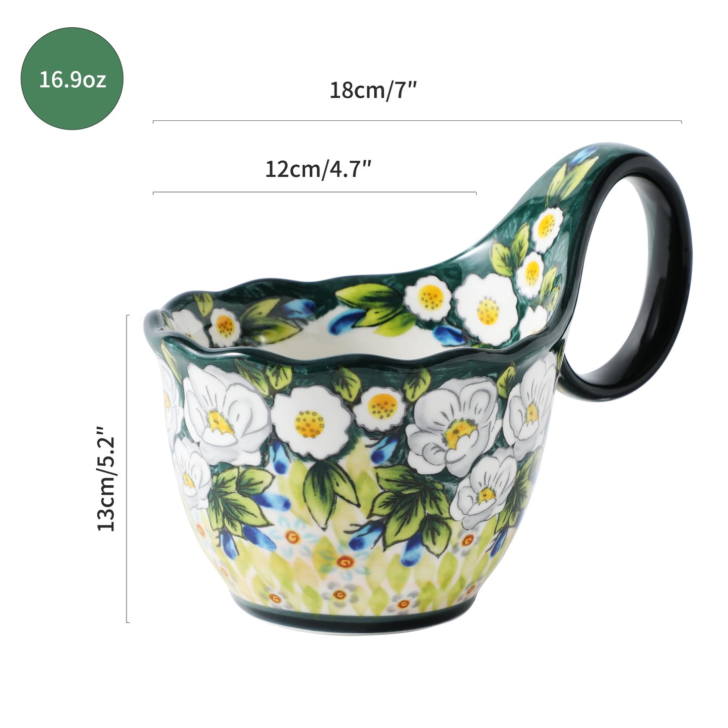 ALMA 2025 Updated 18oz Soup Bowl Microwave Safe,Floral Green Soup Bowl with Loop Handle,Unique Cereal Bowl for Soup,Yogurt,Snack,Chip,Stew,Ice cream-Country Jasmine Theme