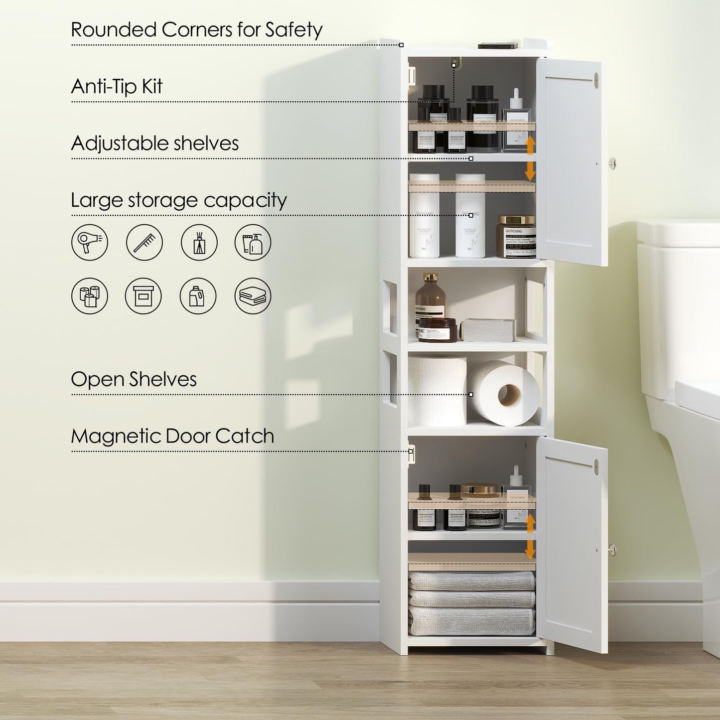 TidyHaven 39" Small Bathroom Storage Cabinet, Narrow Corner Floor Cabinet with Doors & Adjustable Shelf, Slim Skinny Design for Bathroom, Kitchen, Living Room (White)