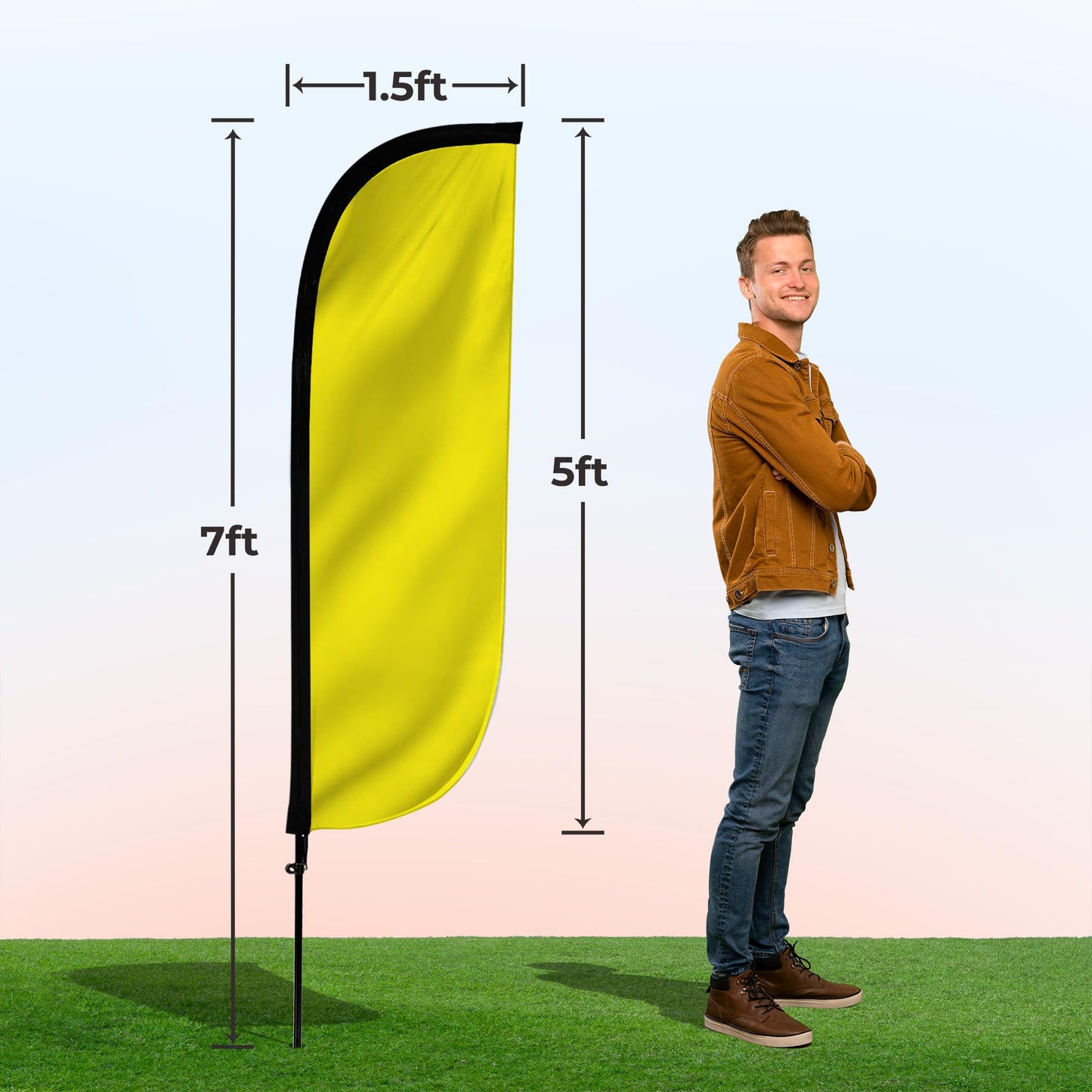 LookOurWay Feather Flag Pole Kit - 7 Feet Tall Advertising Flag Banner with Fiberglass Pole Set and Ground Spike for Business Promotion - Solid Colors - Yellow