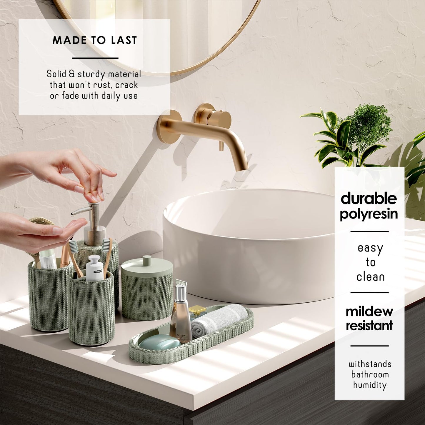 Clara Clark Sage Green Bathroom Set - Bathroom Accessories Set, 19PC Bathroom Accessory Set, Bathroom Sets with Shower Curtain Set, Soap Dispenser & Toothbrush Holder