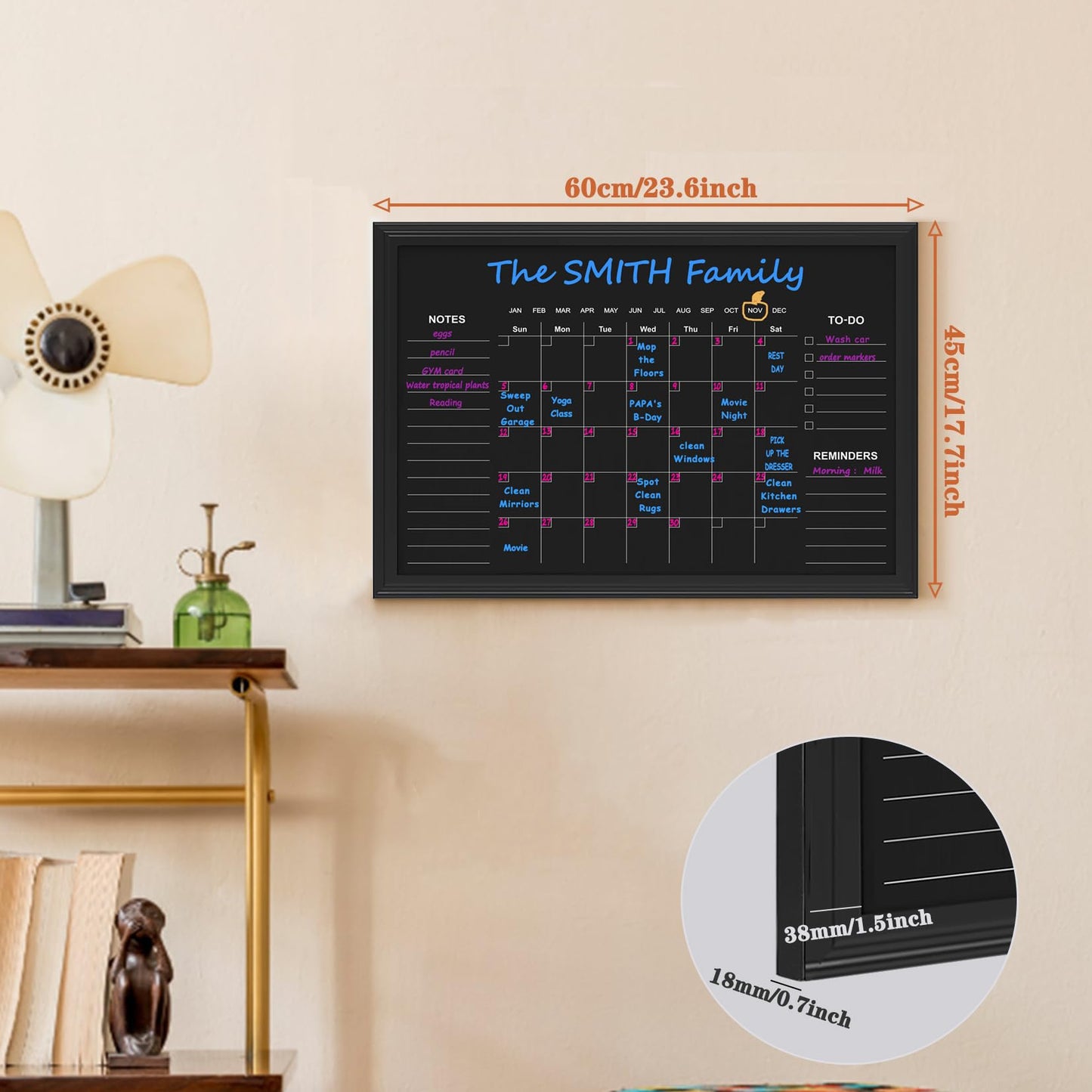 Magnetic Chalkboard Calendar, 17.7" × 23.6" Monthly and Weekly Calendar Chalk Board for Wall, Family Planner,Black(Family-HB-4560)
