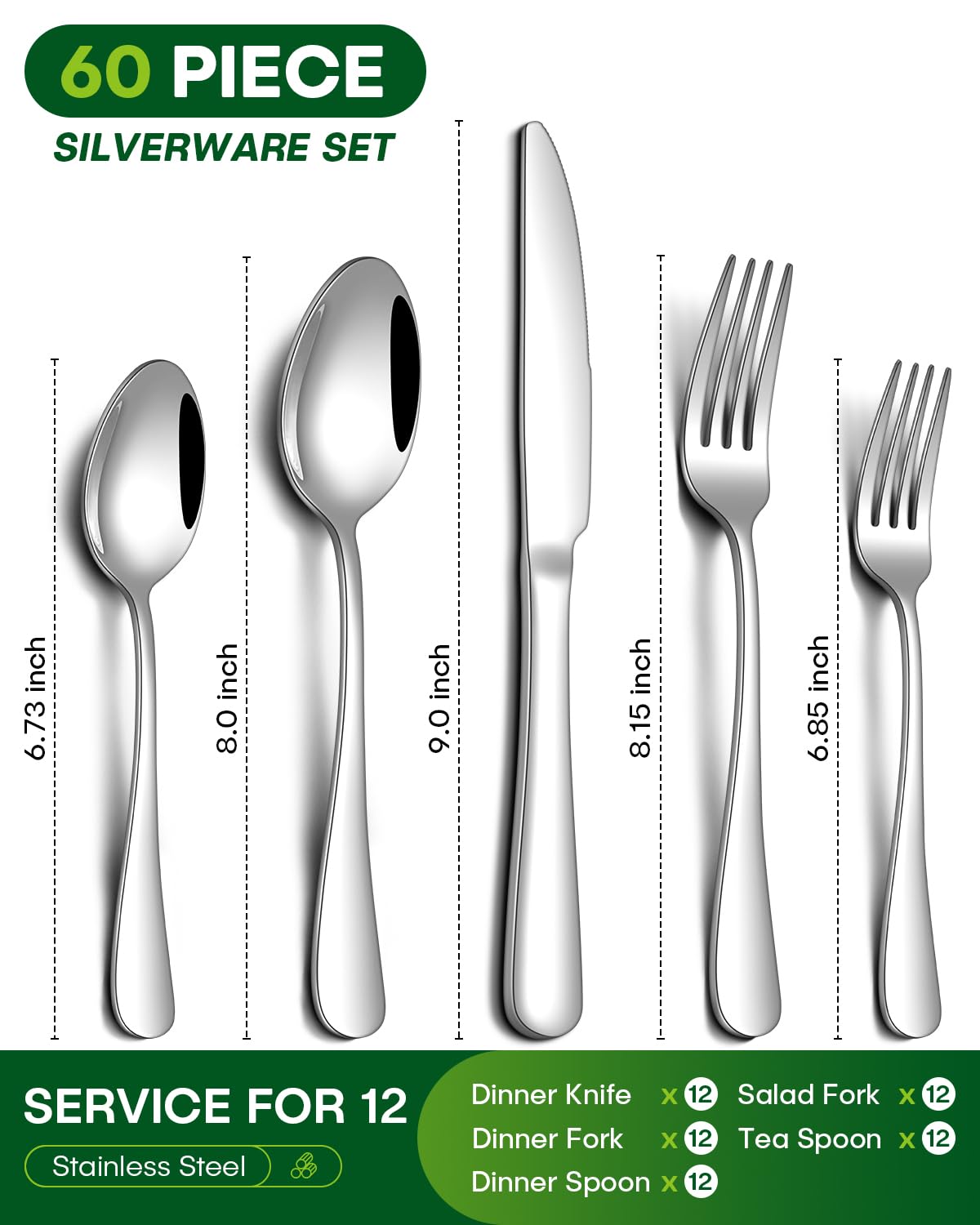 PHILIPALA 60 Piece Silverware Set, Stainless Steel Flatware Set for 12 Food Grade Novelty Flatware Cutlery Utensil Set Include Knife Fork Spoon Mirror Polished Dishwasher Safe
