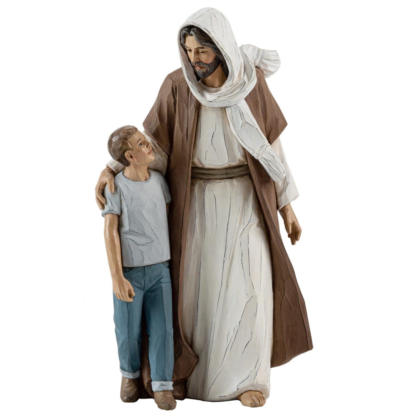 ShineOnAngel Jesus Christ with Child, First Communion boy Gift He Walks with me Sculpture, Hand Painted, Religious Modern Home Decor, Christian Figurines, 9.5 Inch