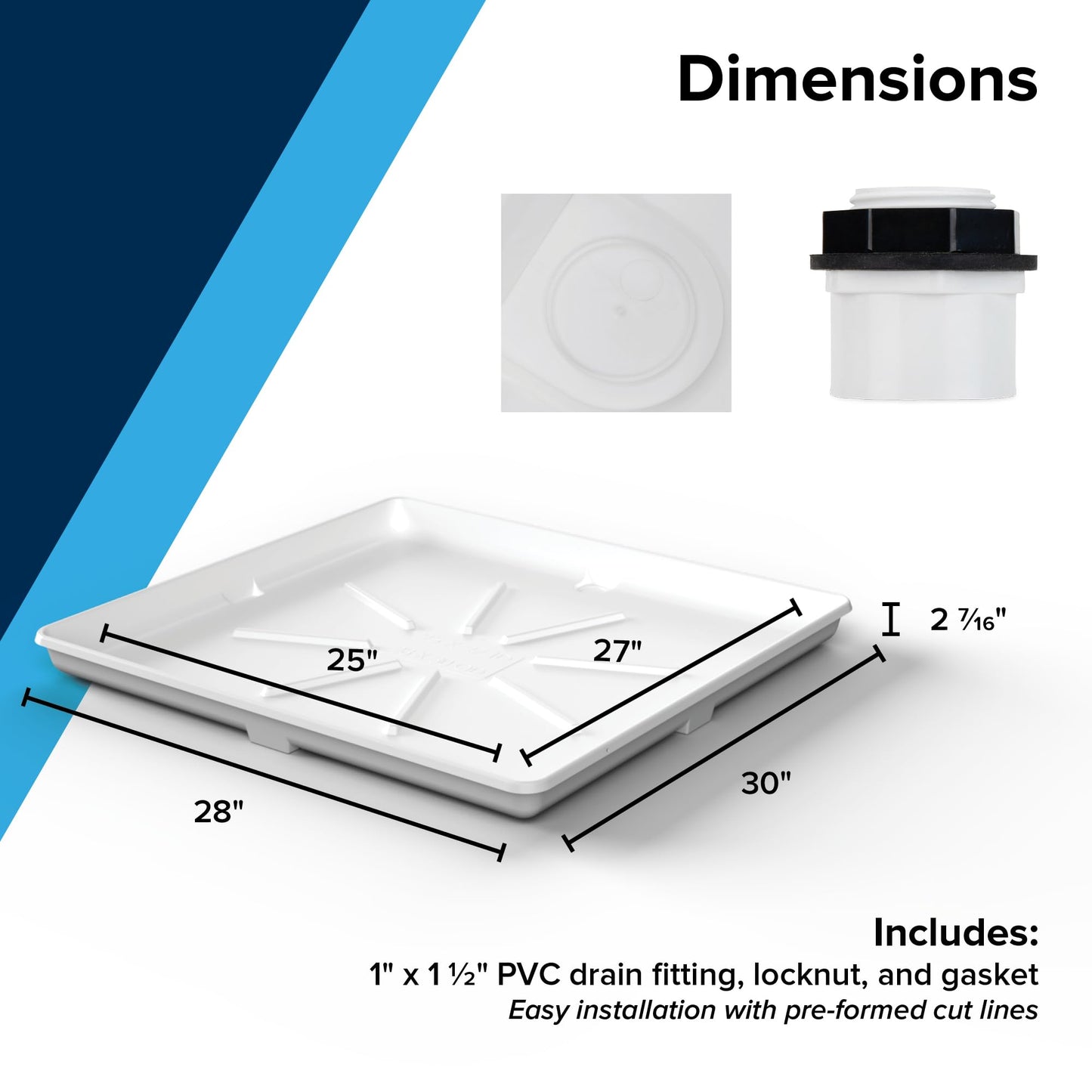 Camco Stackable Washing Machine Drain Pan - Measures 25″ (L) x 27″ (W) ID & 28″ (L) x 30″ (W) x 2 7/16″ (H) OD - Great for Apartment-Sized Washers/Stackable Units - 1"/1.5" PVC Drain Fitting (21006)