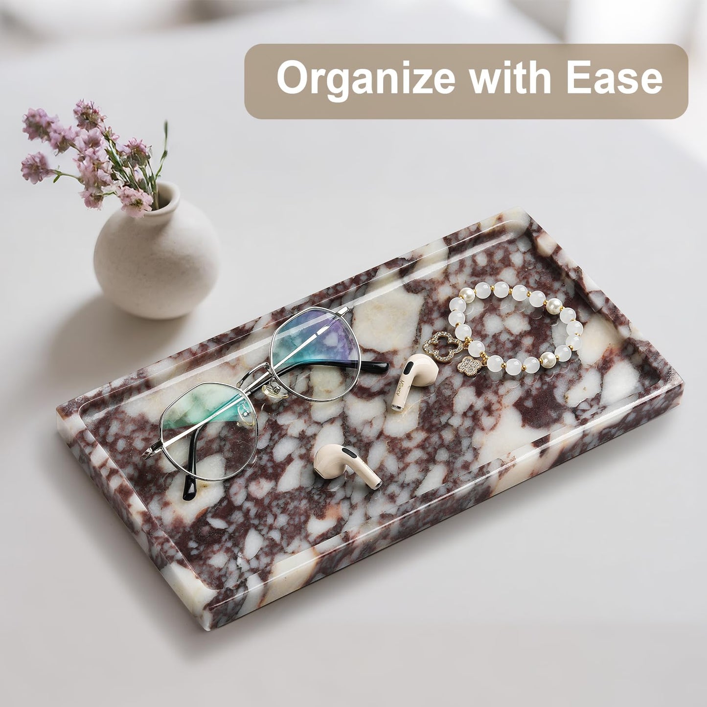 Natural Marble Vanity Tray - Moujings Genuine Marble Perfume Tray for Bathroom Decor, Stone Bathroom Vanity Organizer Tray for Kitchen Counter, Candles, Jewelry, Coffee, Makeup, Key